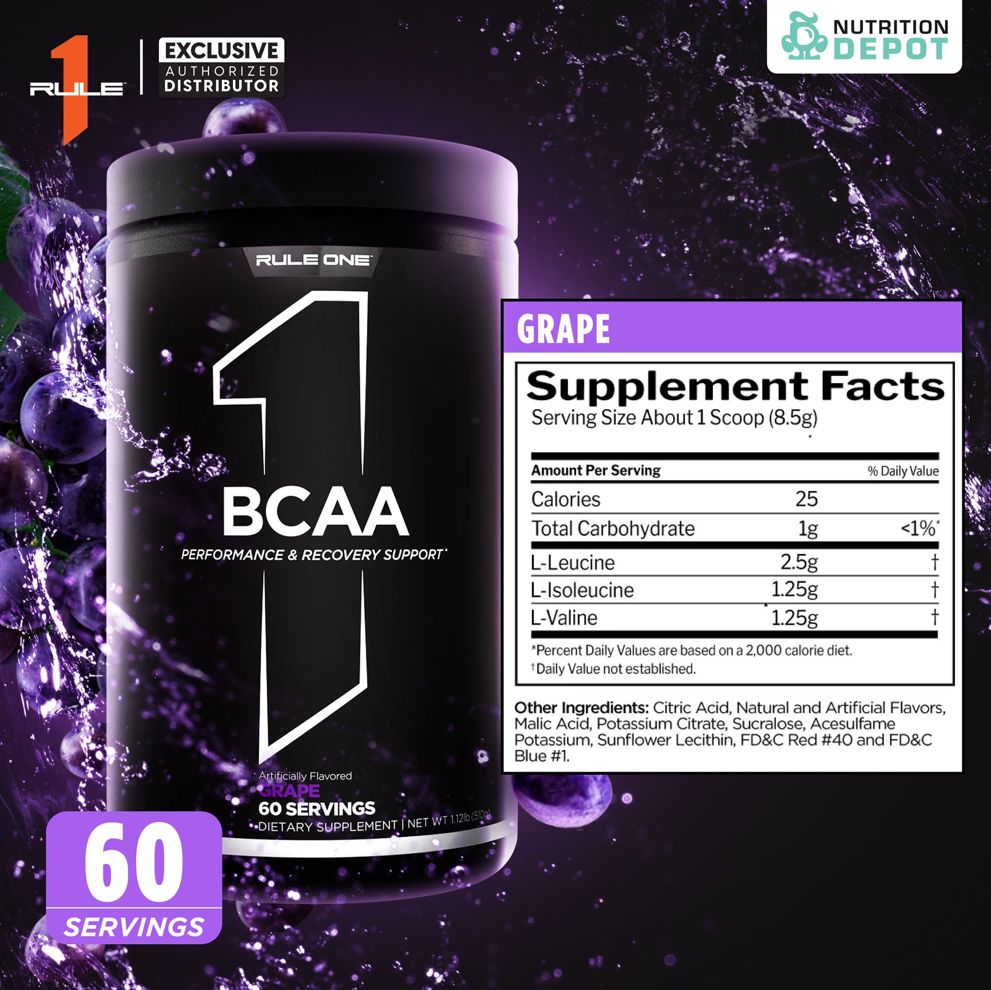 Rule1 Micronized BCAA 60 Servings - Grape กรดอะมิโนป้องกันการสลายตัวของกล้ามเนื้อ
