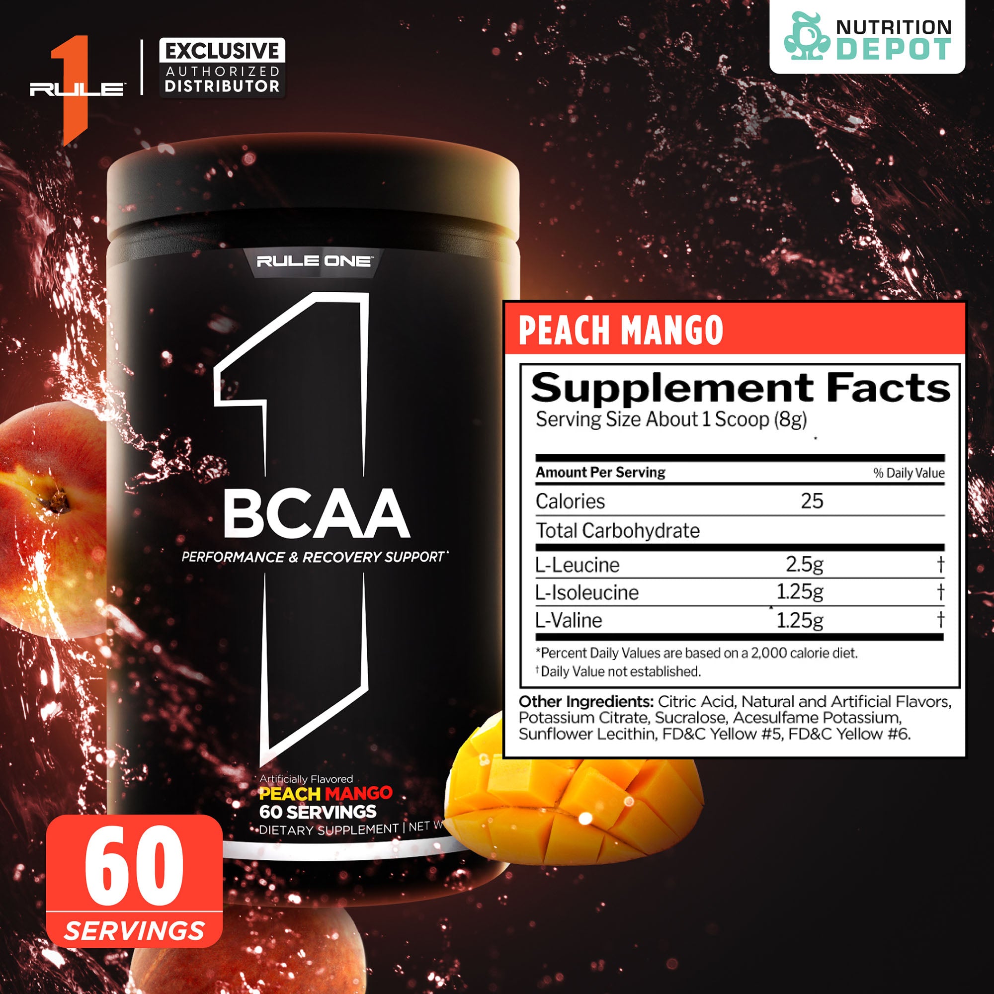 Rule1 Micronized BCAA 60 Servings - Peach Mango กรดอะมิโนป้องกันการสลายตัวของกล้ามเนื้อ