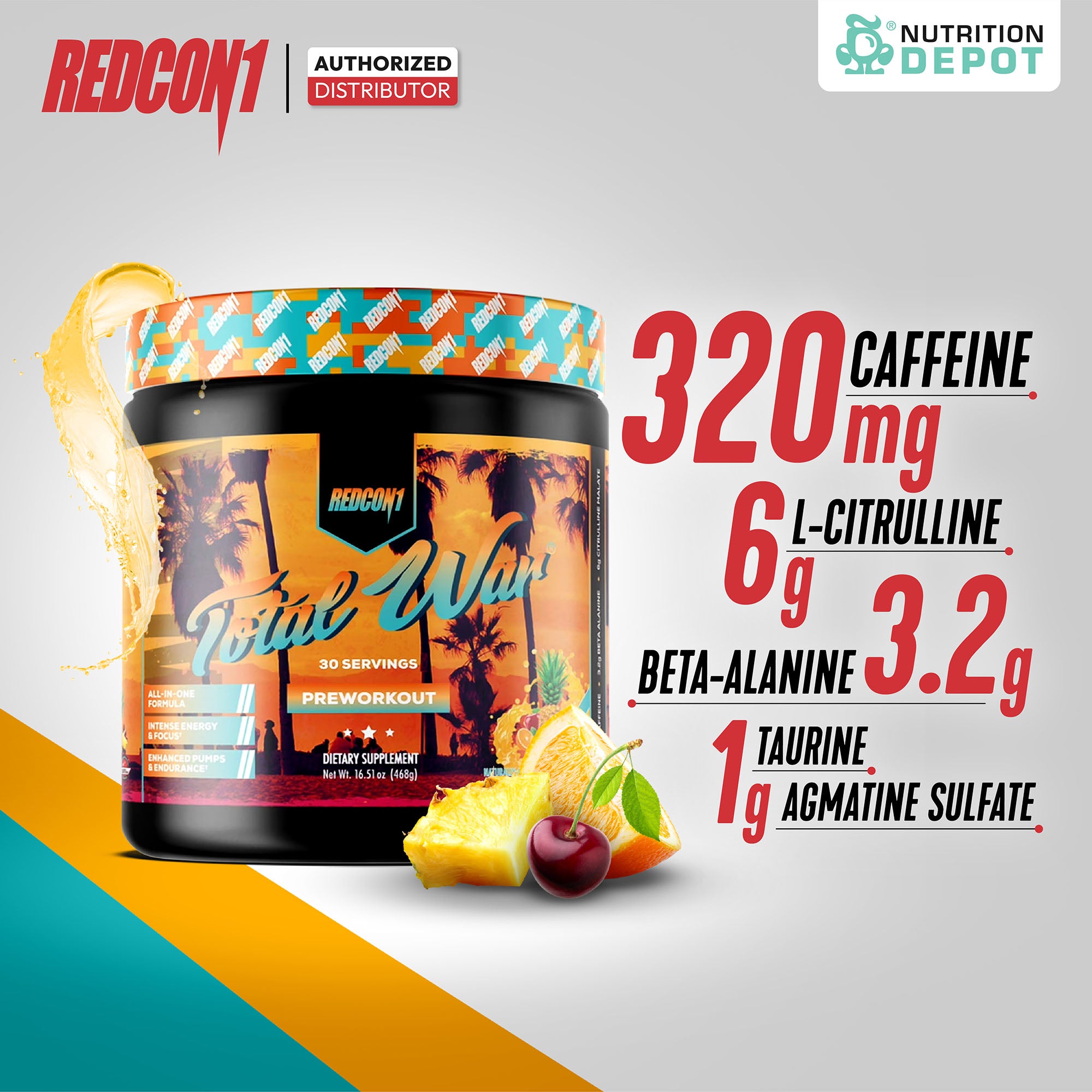 Redcon1 Total War Pre-Workout - Cali Splash 30 Servings กรดอะมิโนเพื่มแรงในการออกกำลังกาย