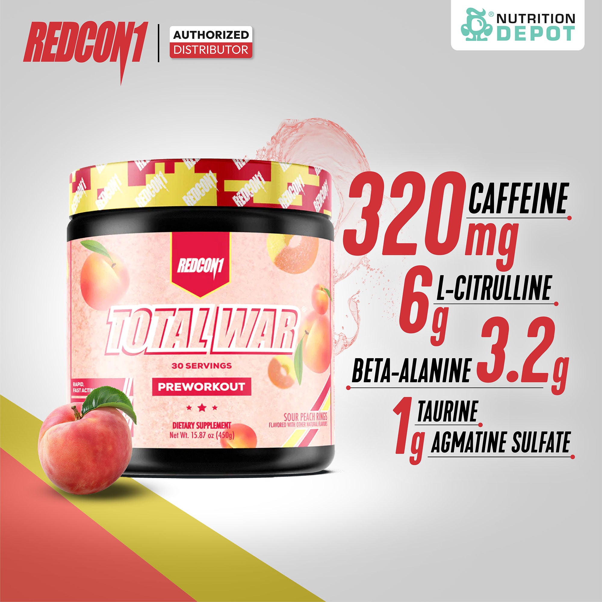 Redcon1 Total War Pre-Workout - Sour Peach Rings 30 Servings กรดอะมิโนเพื่มแรงในการออกกำลังกาย