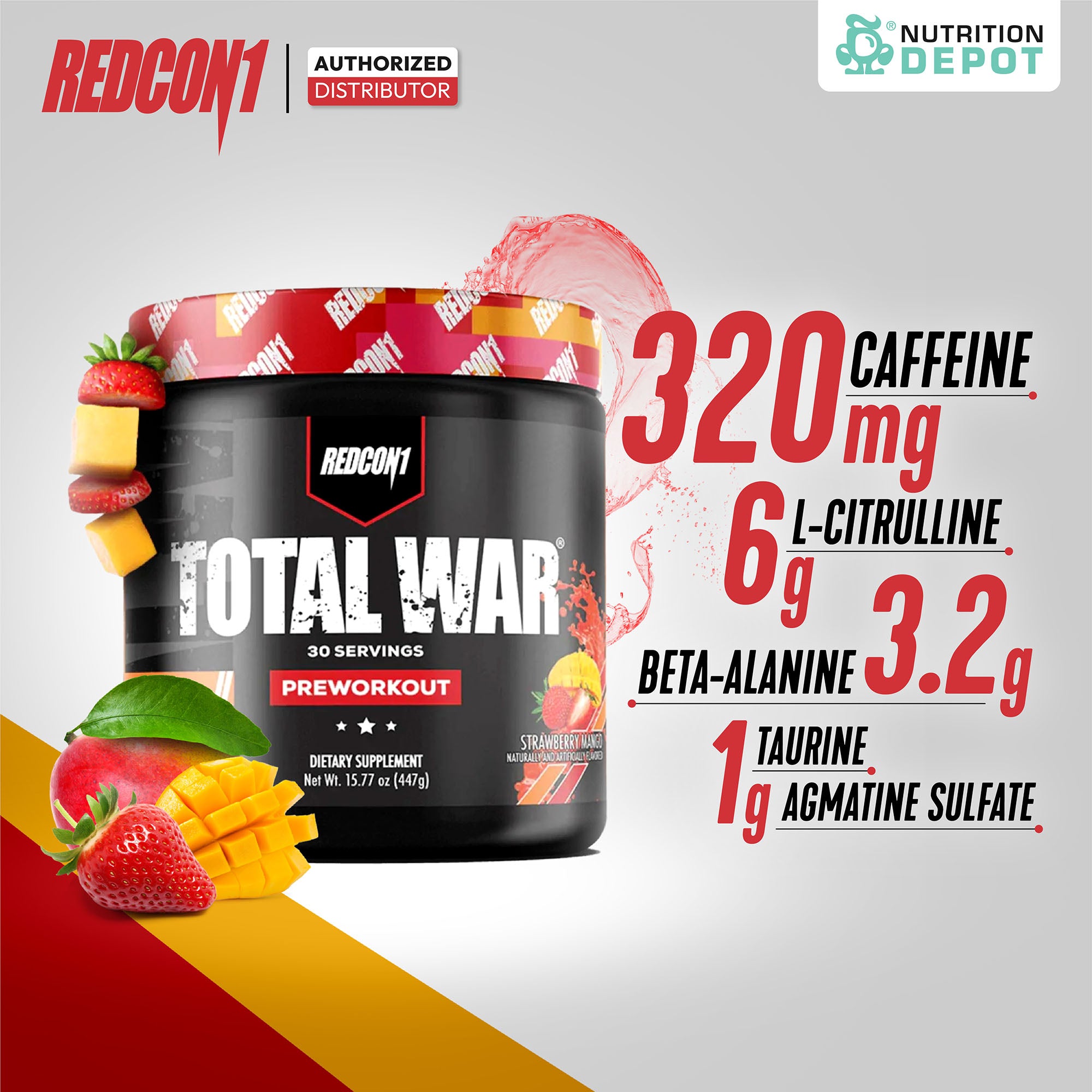 Redcon1 Total War Pre-Workout - Strawberry Mango 30 Servings กรดอะมิโนเพื่มแรงในการออกกำลังกาย