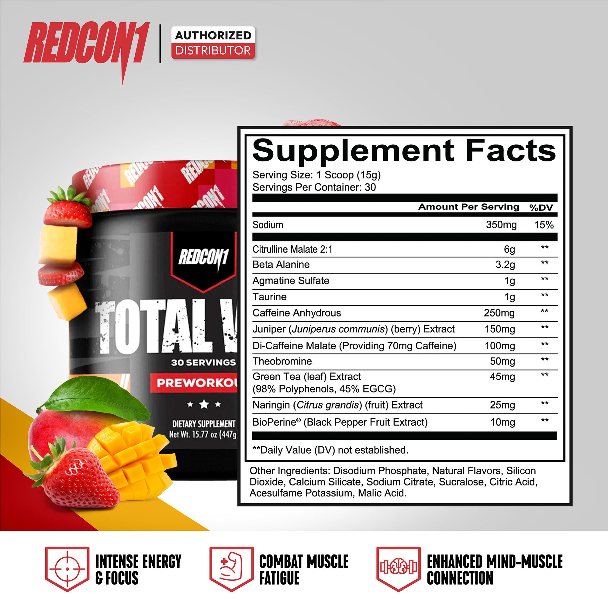 Redcon1 Total War Pre-Workout - Strawberry Mango 30 Servings กรดอะมิโนเพื่มแรงในการออกกำลังกาย