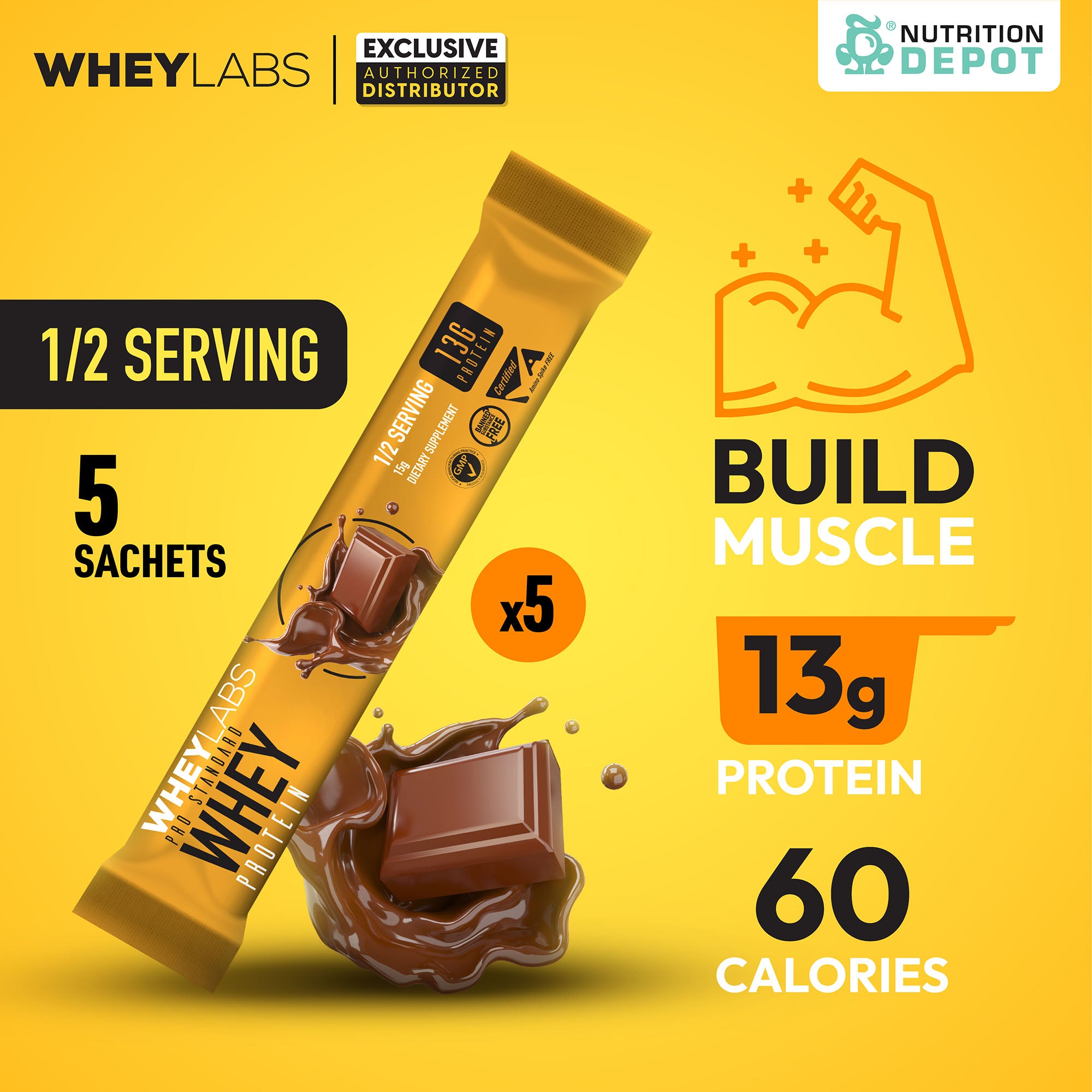 Whey Labs 100% Whey Protein 1/2 Servings ( 5 Sachets ) - เวย์โปรตีนเสริมสร้างกล้ามเนื้อ