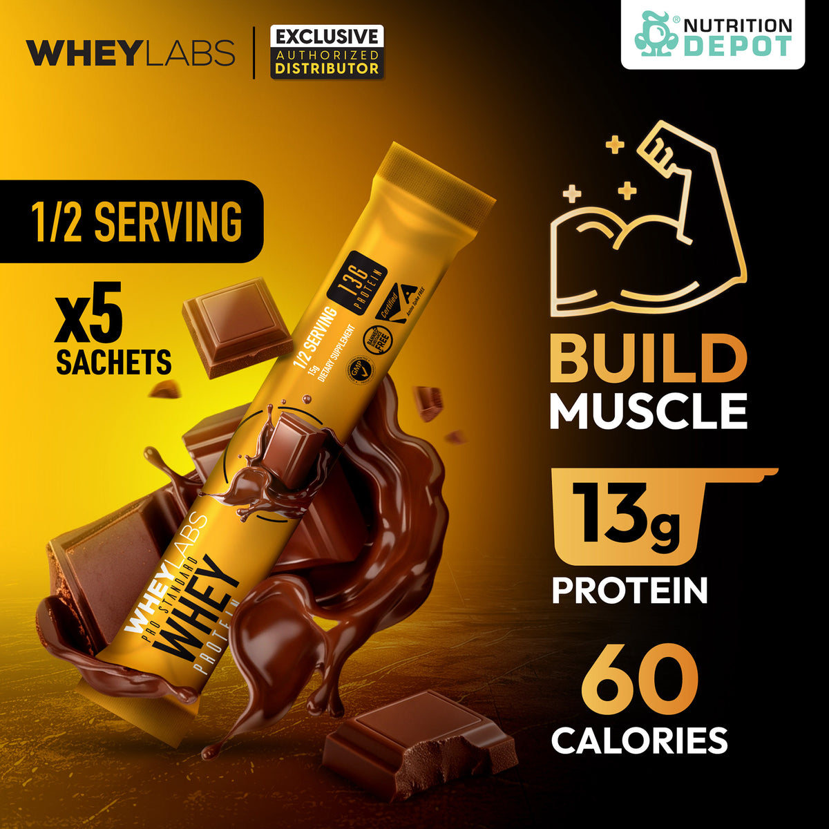 Whey Labs 100% Whey Protein 1/2 Servings ( 5 Sachets ) - เวย์โปรตีนเสริมสร้างกล้ามเนื้อ