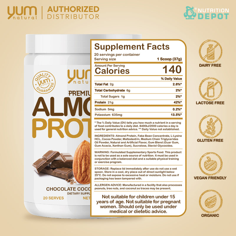Yum Natural Premium Almond Protein - Chocolate Coconut 740g โปรตีนจากอัลมอนด์