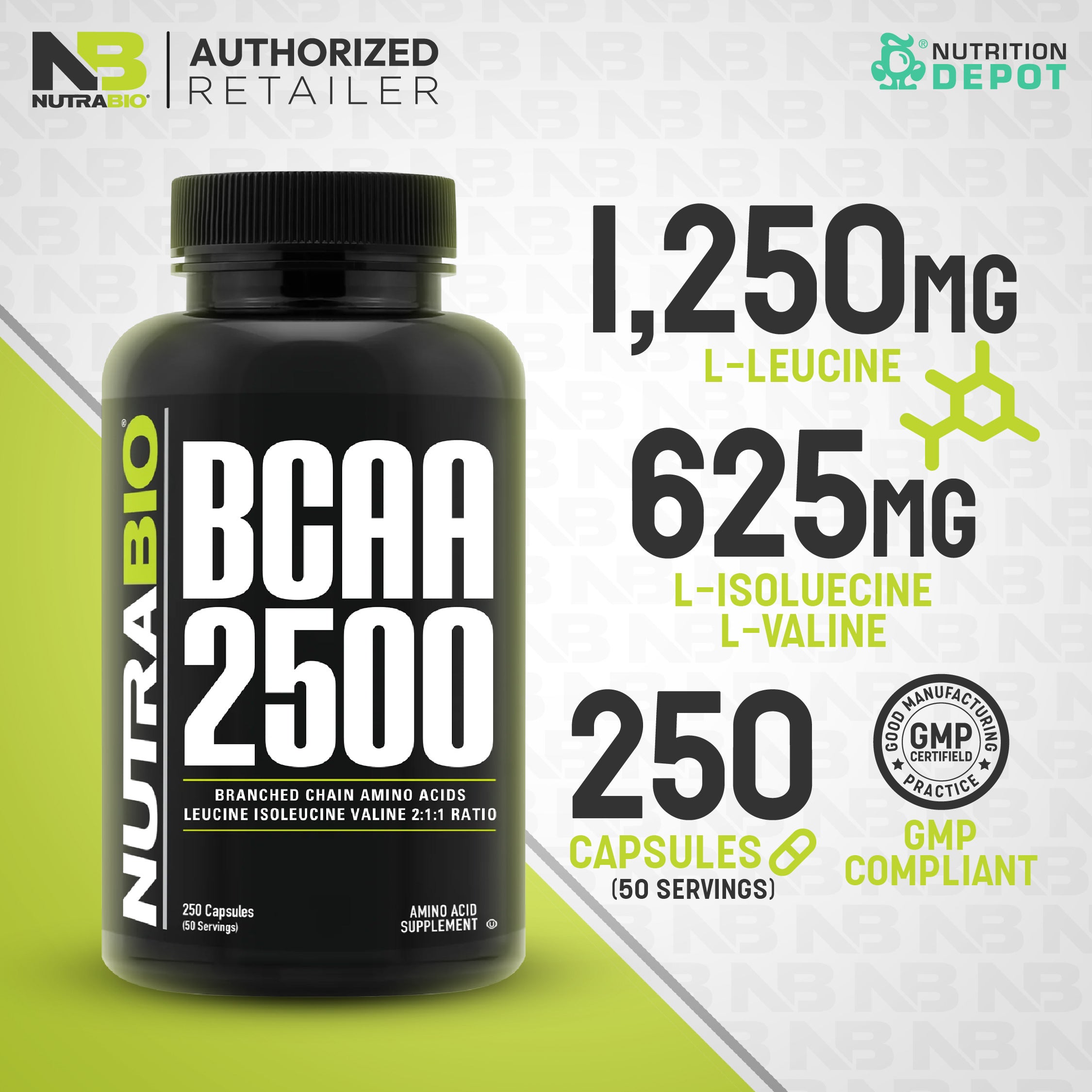 Nutrabio BCAA 2500 - 250 Caps กรดอะมิโนเสริมสร้ามกล้ามเนื้อแบบเม็ด