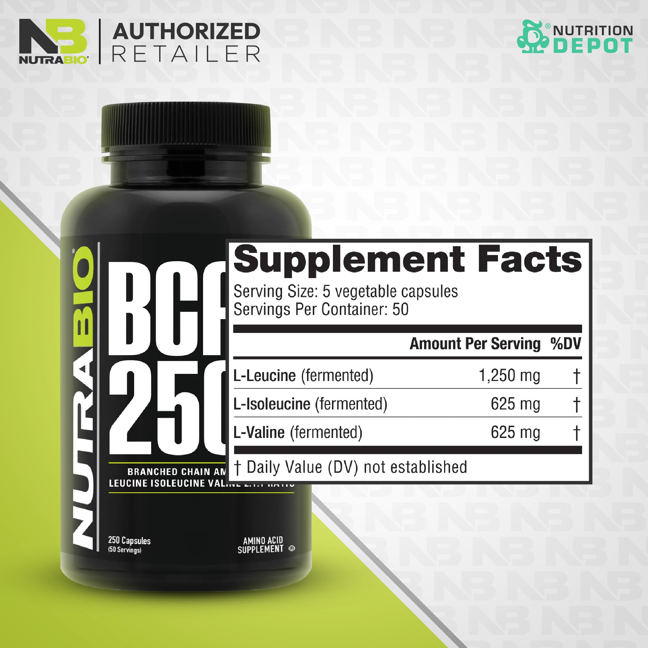 Nutrabio BCAA 2500 - 250 Caps กรดอะมิโนเสริมสร้ามกล้ามเนื้อแบบเม็ด