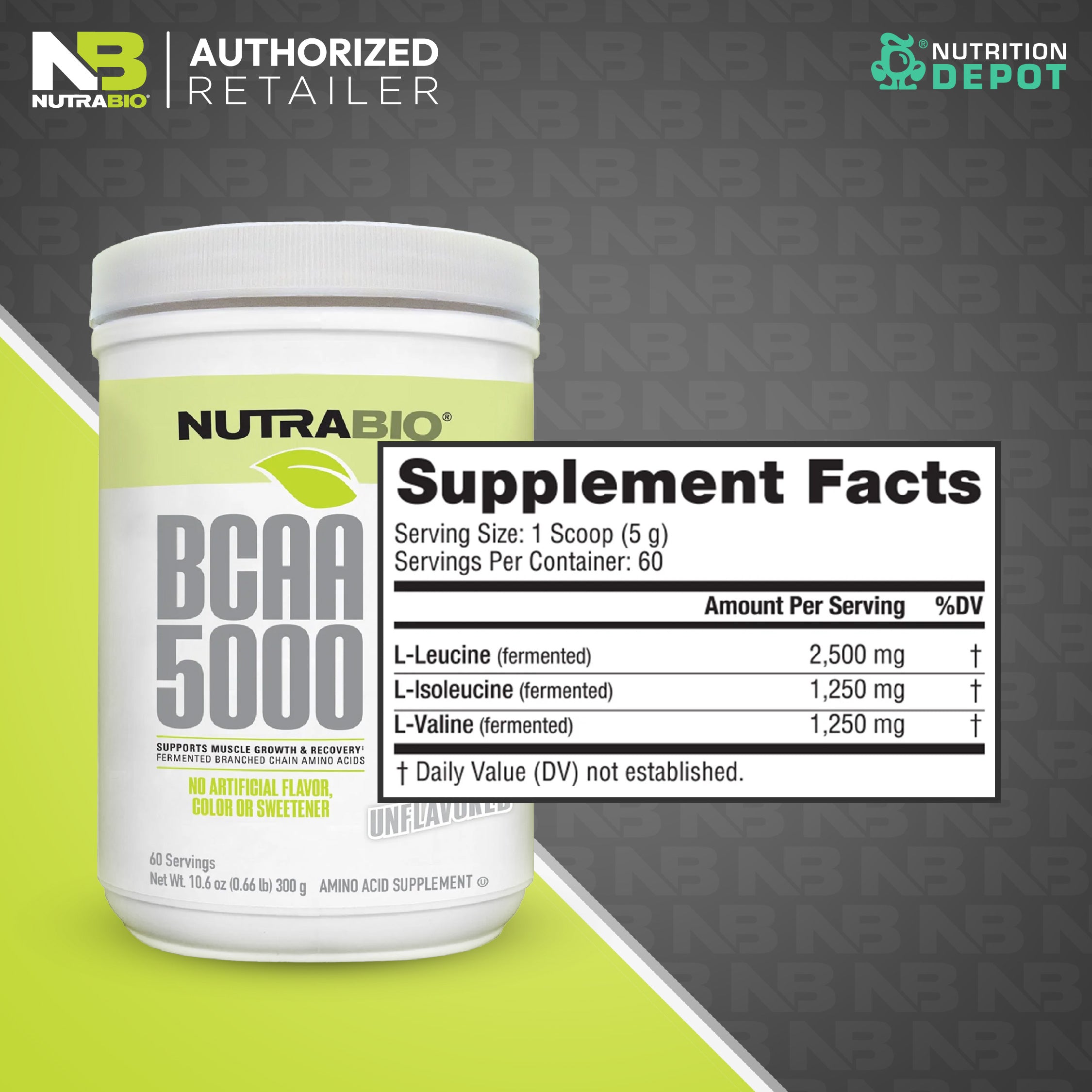 Nutrabio BCAA 5000 Powder - 60 Servings กรดอมิโนป้องกันการสลายตัวของกล้ามเนื้อ