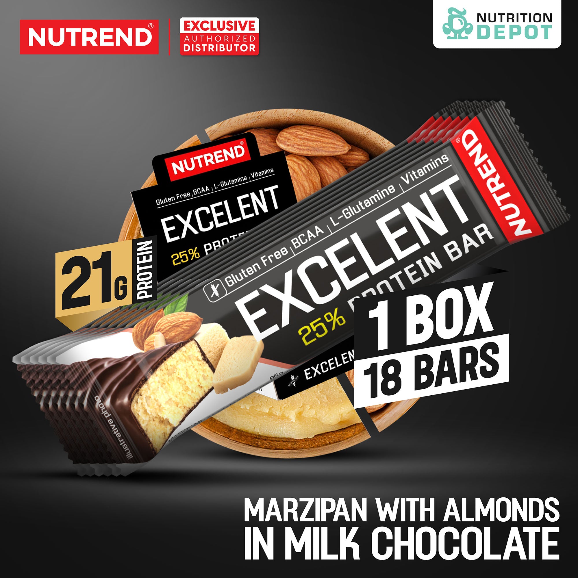 โปรตีนบาร์ Nutrend Excelent 25% Protein Bar - Marzipan with Almonds in Milk (1 Box / 18 Bars)
