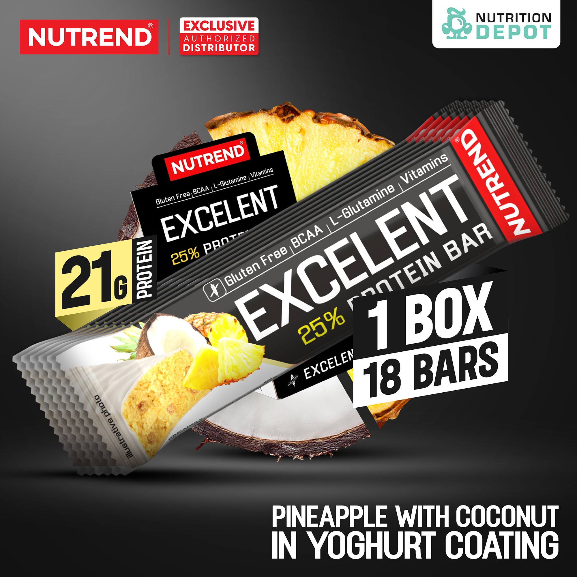 โปรตีนบาร์ Nutrend Excelent 25% Protein Bar - Pineapple with Coconut in Yoghurt Coating (1 Box / 18 Bars)