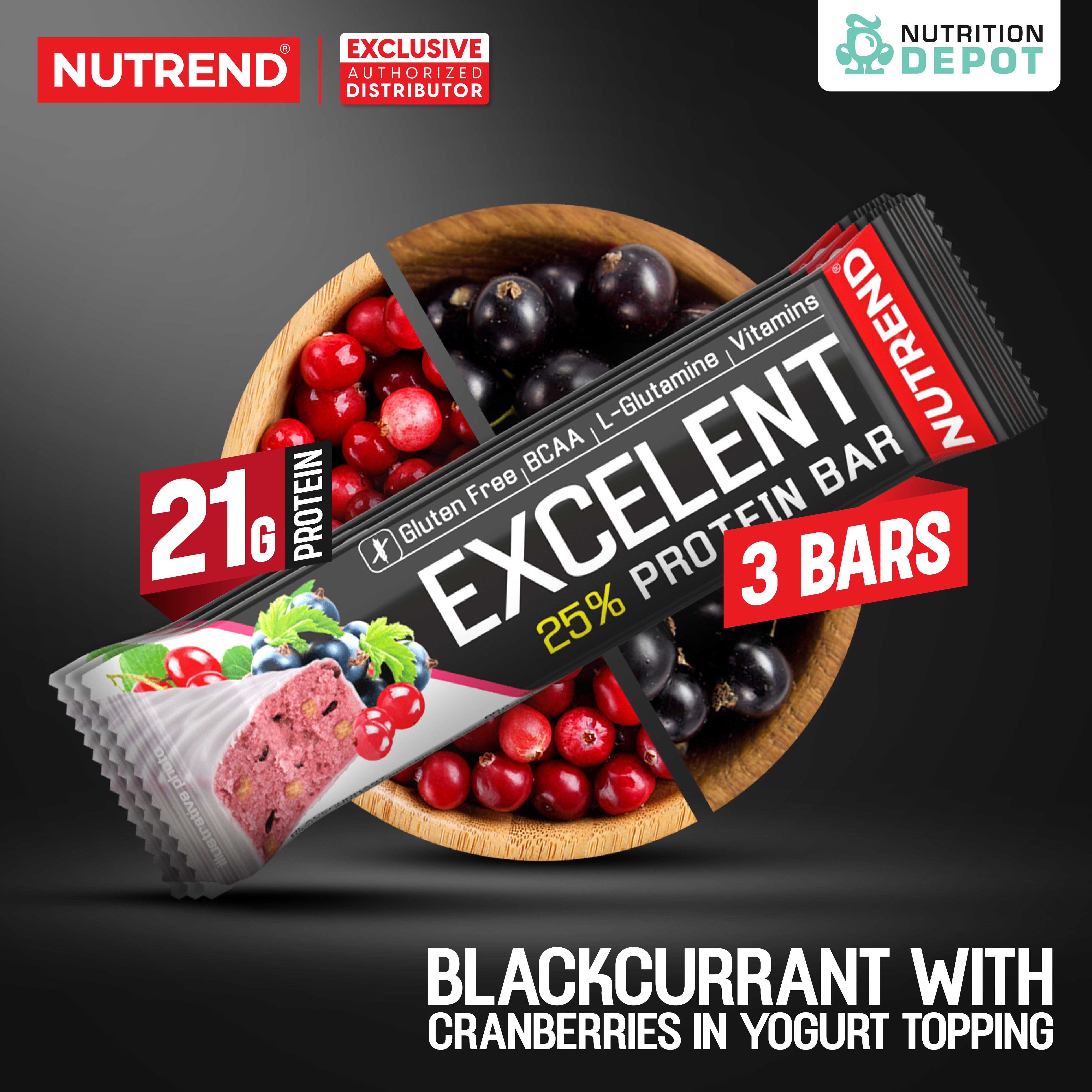 โปรตีนบาร์ Nutrend Excelent 25% Protein Bar - Blackcurrant with Cranberries in Yogurt Topping (3 Bars)