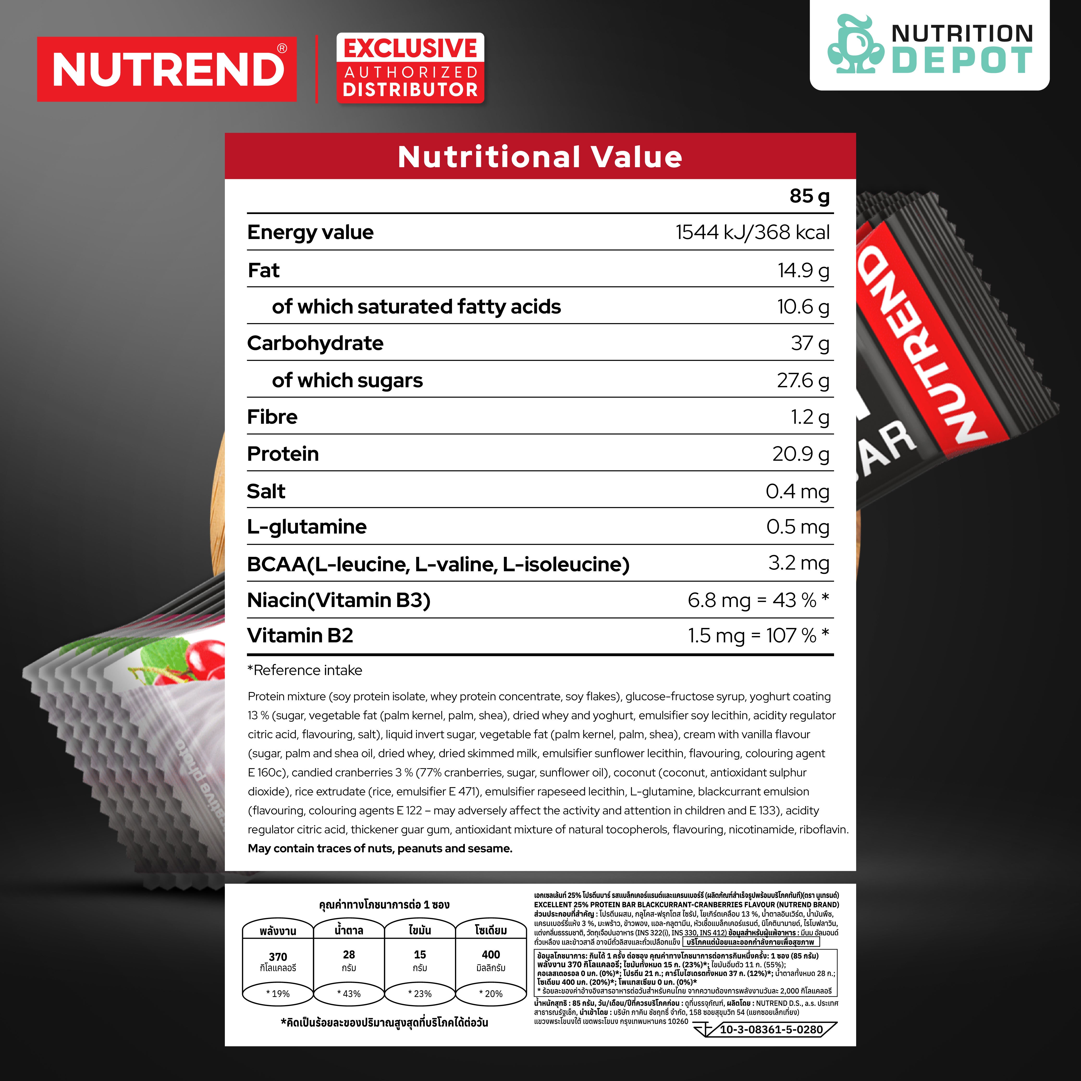 โปรตีนบาร์ Nutrend Excelent 25% Protein Bar - Blackcurrant with Cranberries in Yogurt Topping (1 Box / 18 Bars)