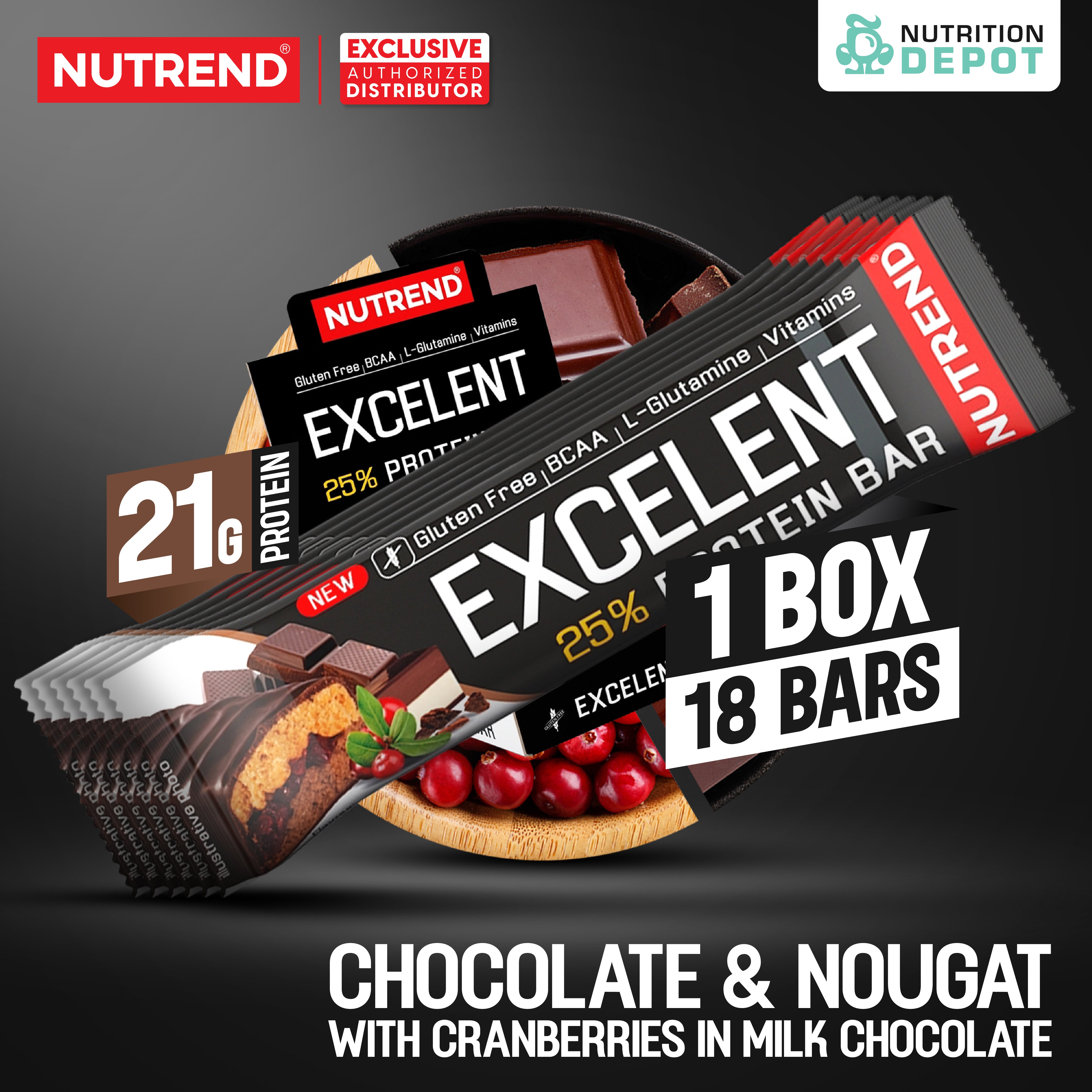 โปรตีนบาร์ Nutrend Excelent 25% Protein Bar - Chocolate & Nougat with Cranberries in Milk Chocolate (1 Box / 18 Bars)