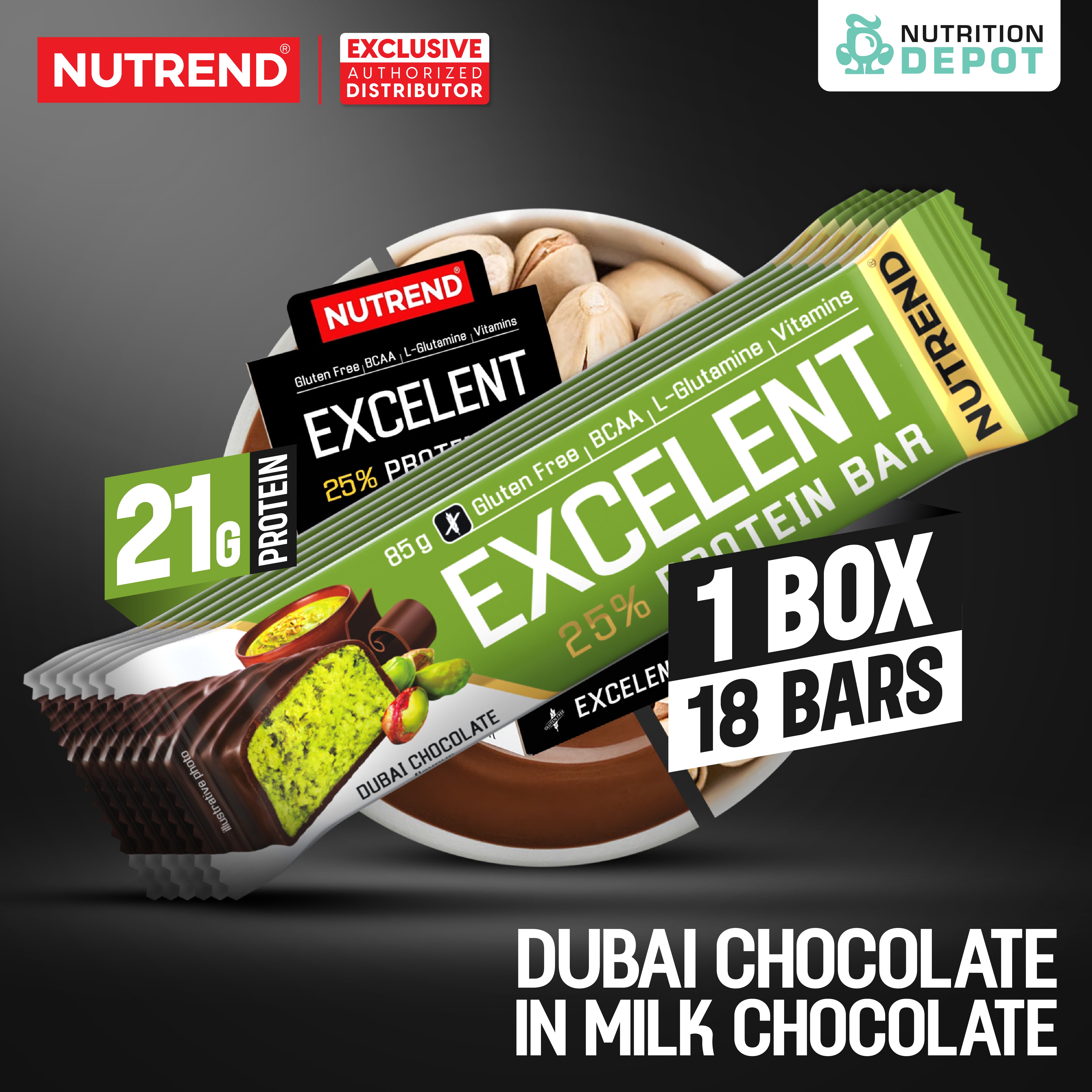 โปรตีนบาร์ Nutrend Excelent 25% Protein Bar - Dubai Chocolate in Milk Chocolate (1 Box / 18 Bars)