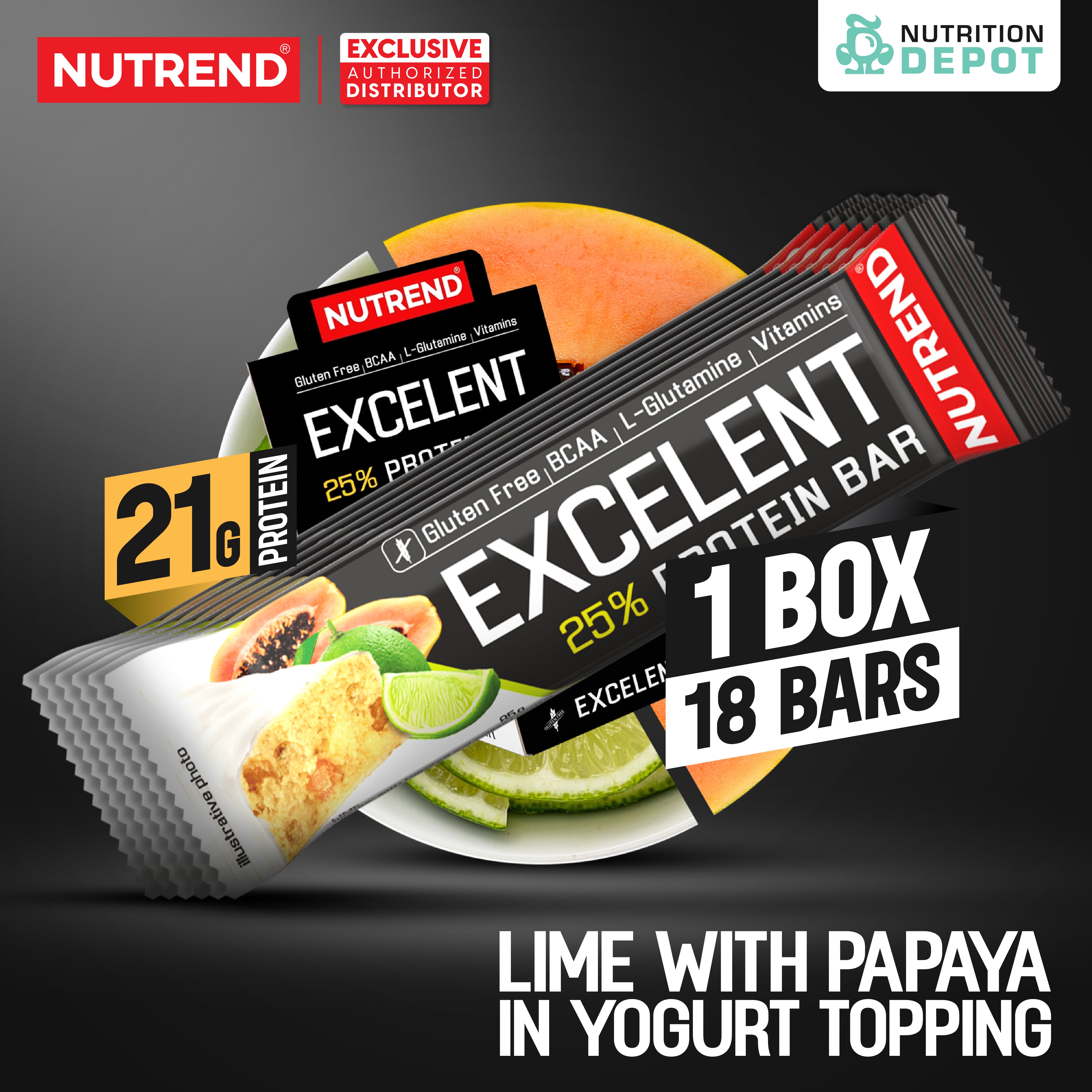 โปรตีนบาร์ Nutrend Excelent 25% Protein Bar - Lime with Papaya in Yogurt Topping (1 Box / 18 Bars)