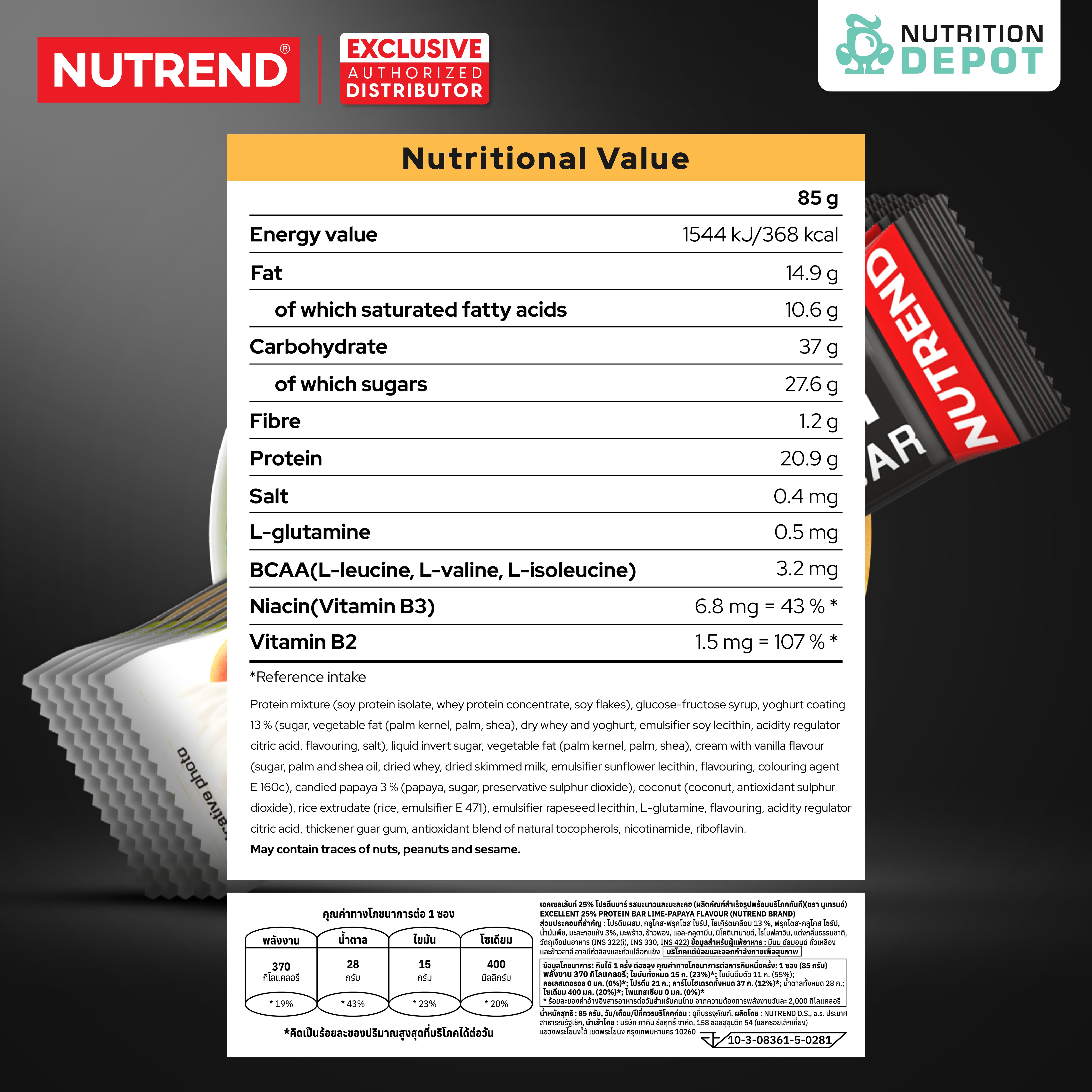 โปรตีนบาร์ Nutrend Excelent 25% Protein Bar - Lime with Papaya in Yogurt Topping (1 Box / 18 Bars)