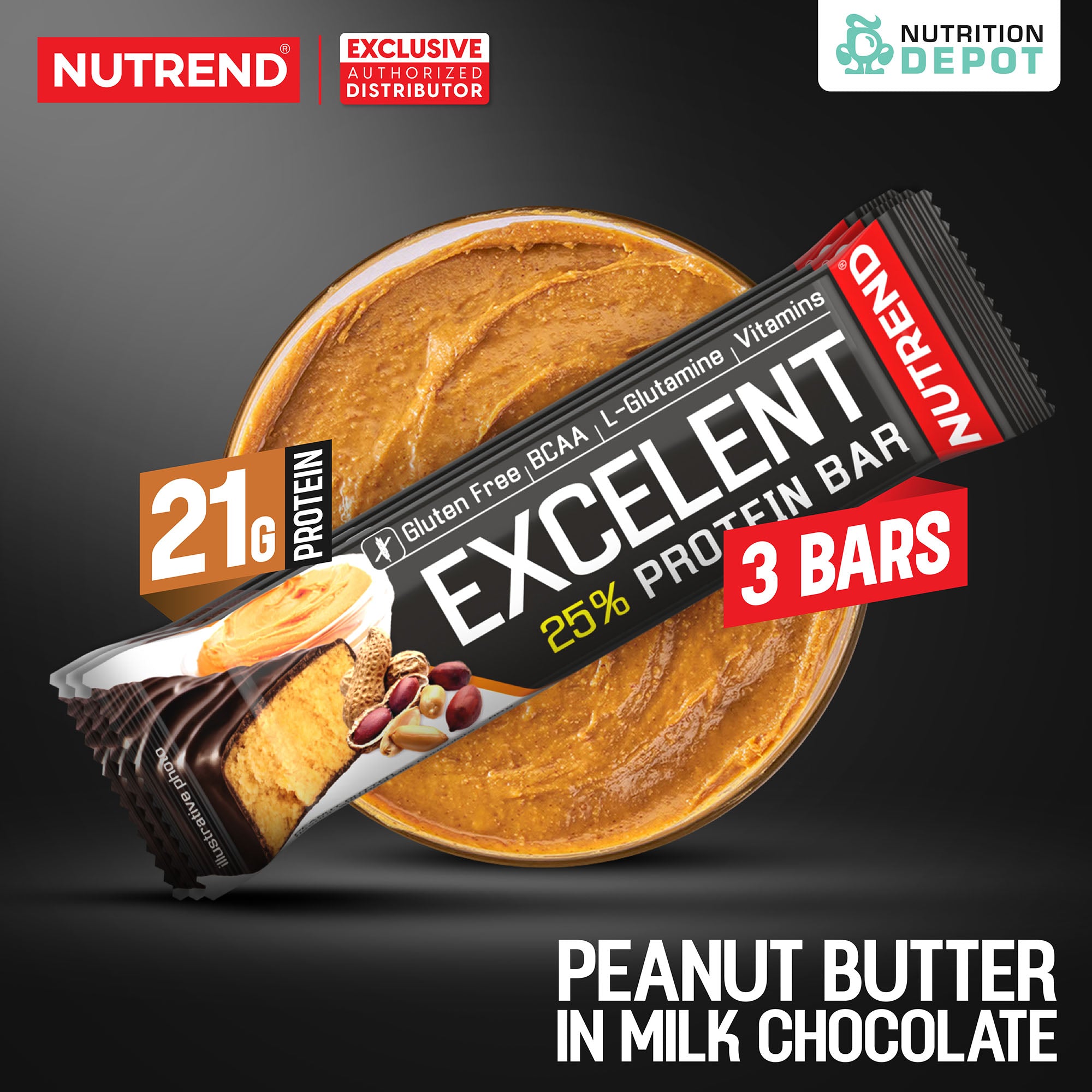 โปรตีนบาร์ Nutrend Excelent 25% Protein Bar - Peanut Butter in Milk Chocolate (3 Bars)