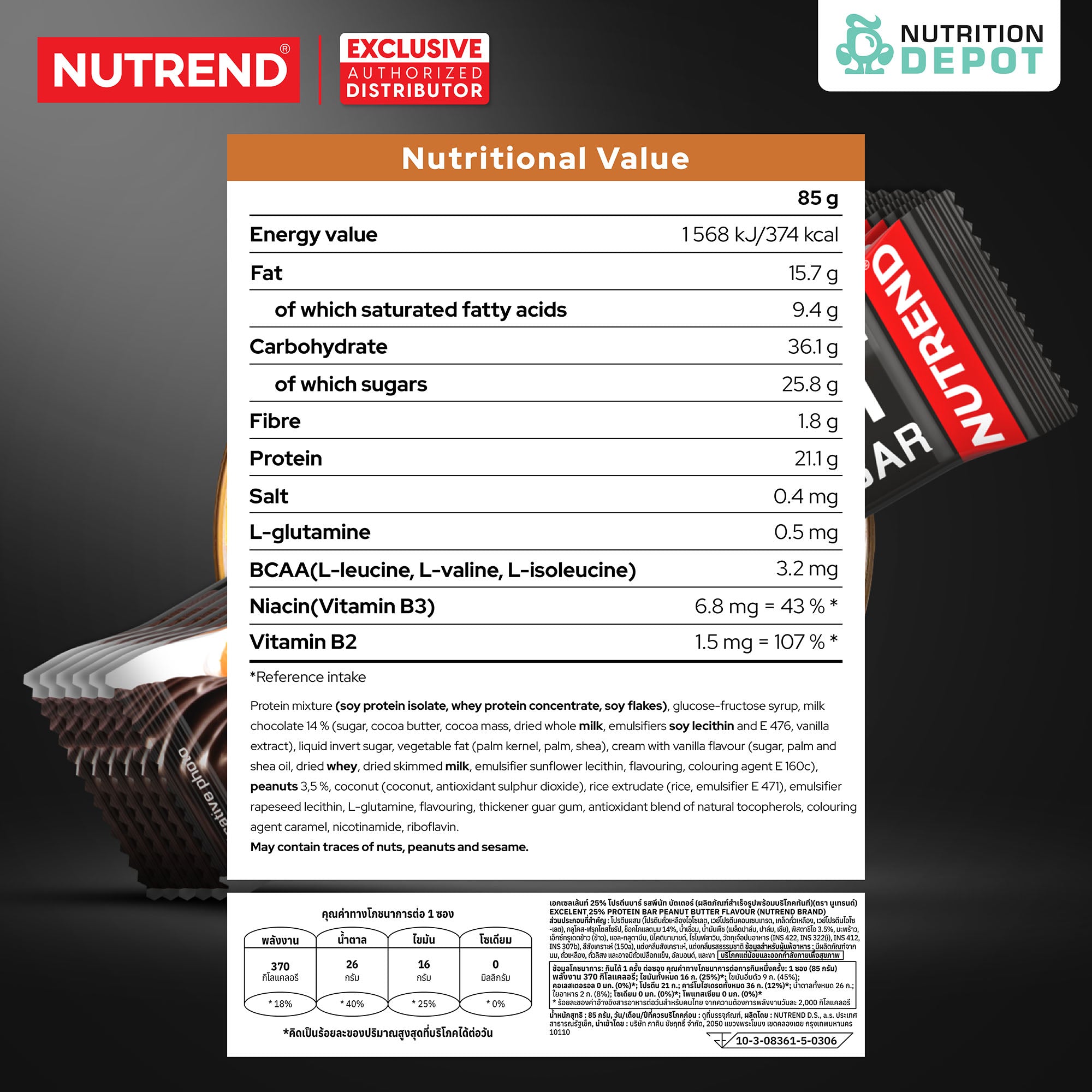 โปรตีนบาร์ Nutrend Excelent 25% Protein Bar - Mixed Flavors (1 Box / 18 Bars)