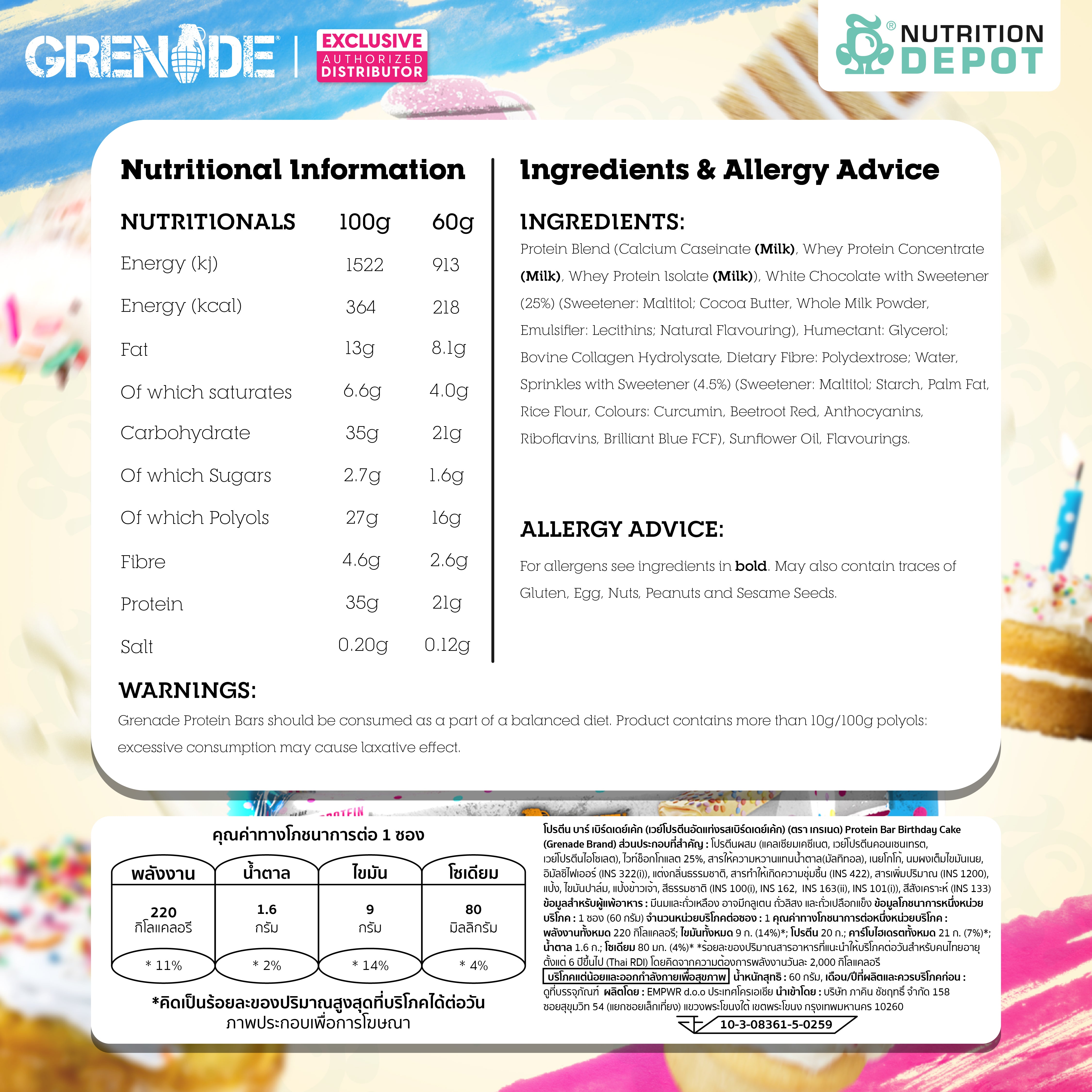 Grenade Carb Killa Protein Bar - Birthday Cake (Vanilla Flavour) 1 Box (12 Bars)