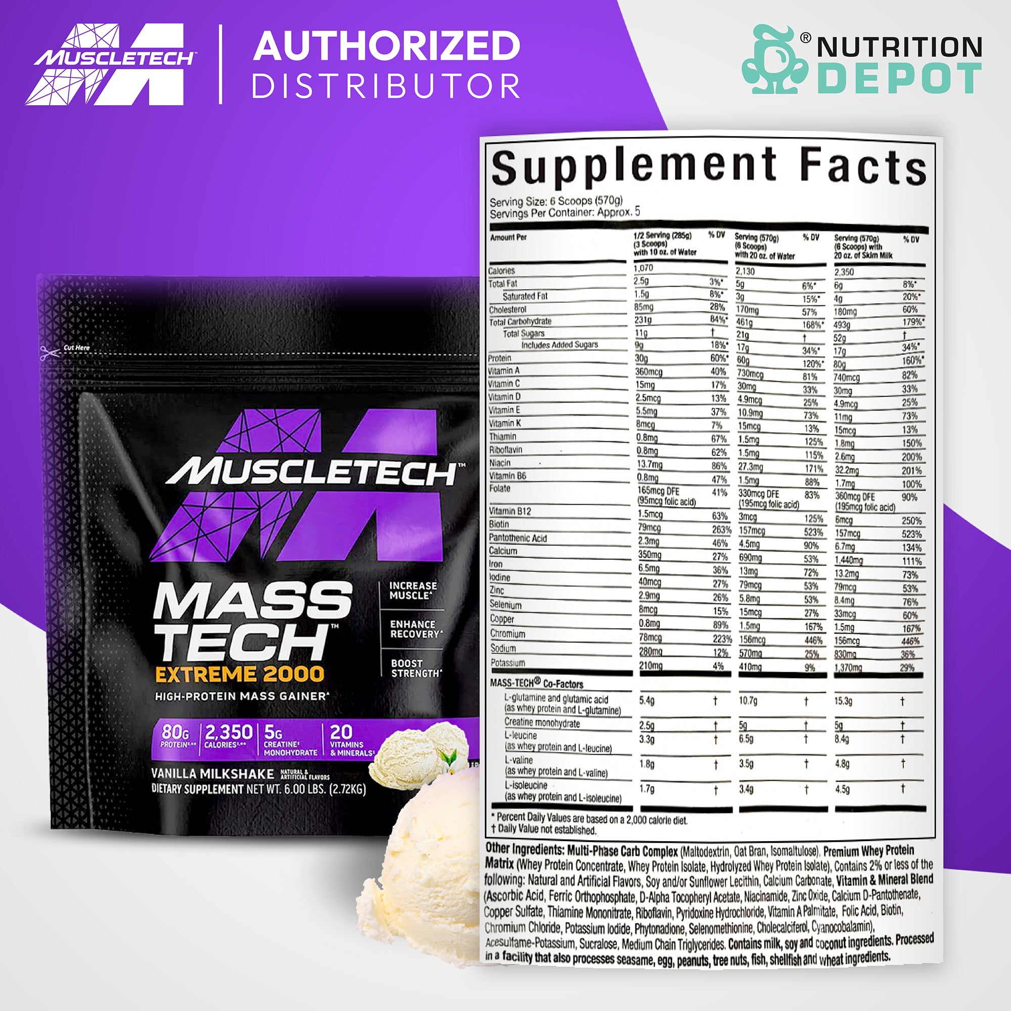 Muscletech Mass Tech Extreme 2000 - Vanilla Milkshake 6lb เวย์โปรตีนเพิ่มน้ำหนัก