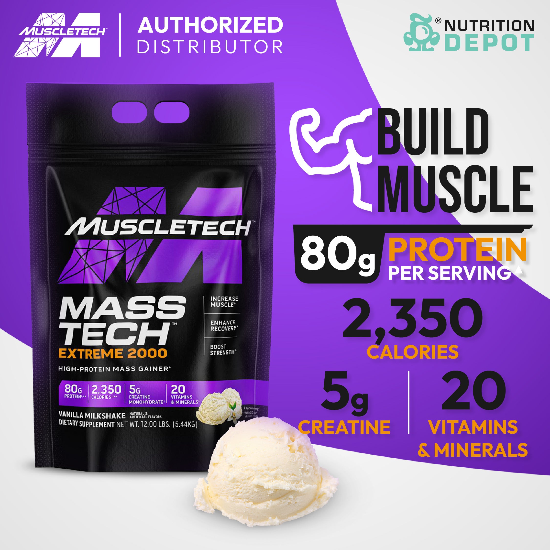 Muscletech Mass Tech Extreme 2000 - Vanilla Milkshake 12lb เวย์โปรตีนเพิ่มน้ำหนัก