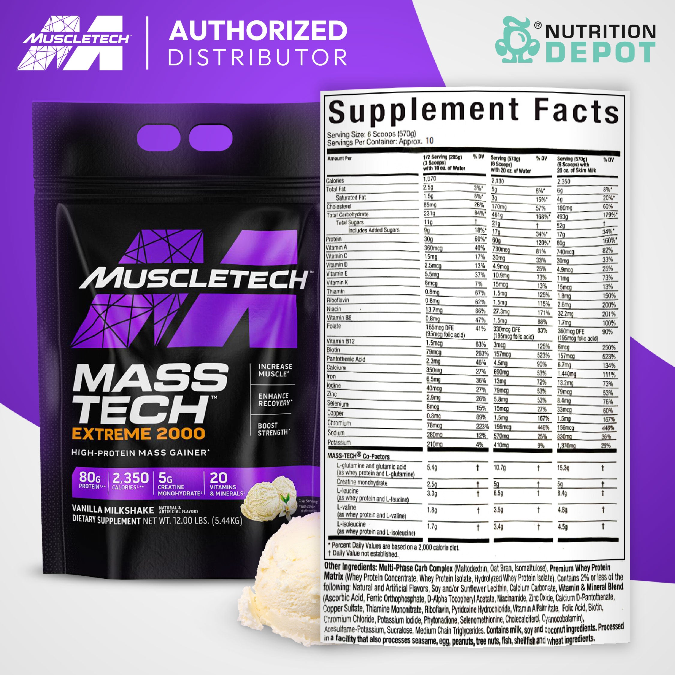 Muscletech Mass Tech Extreme 2000 - Vanilla Milkshake 12lb เวย์โปรตีนเ