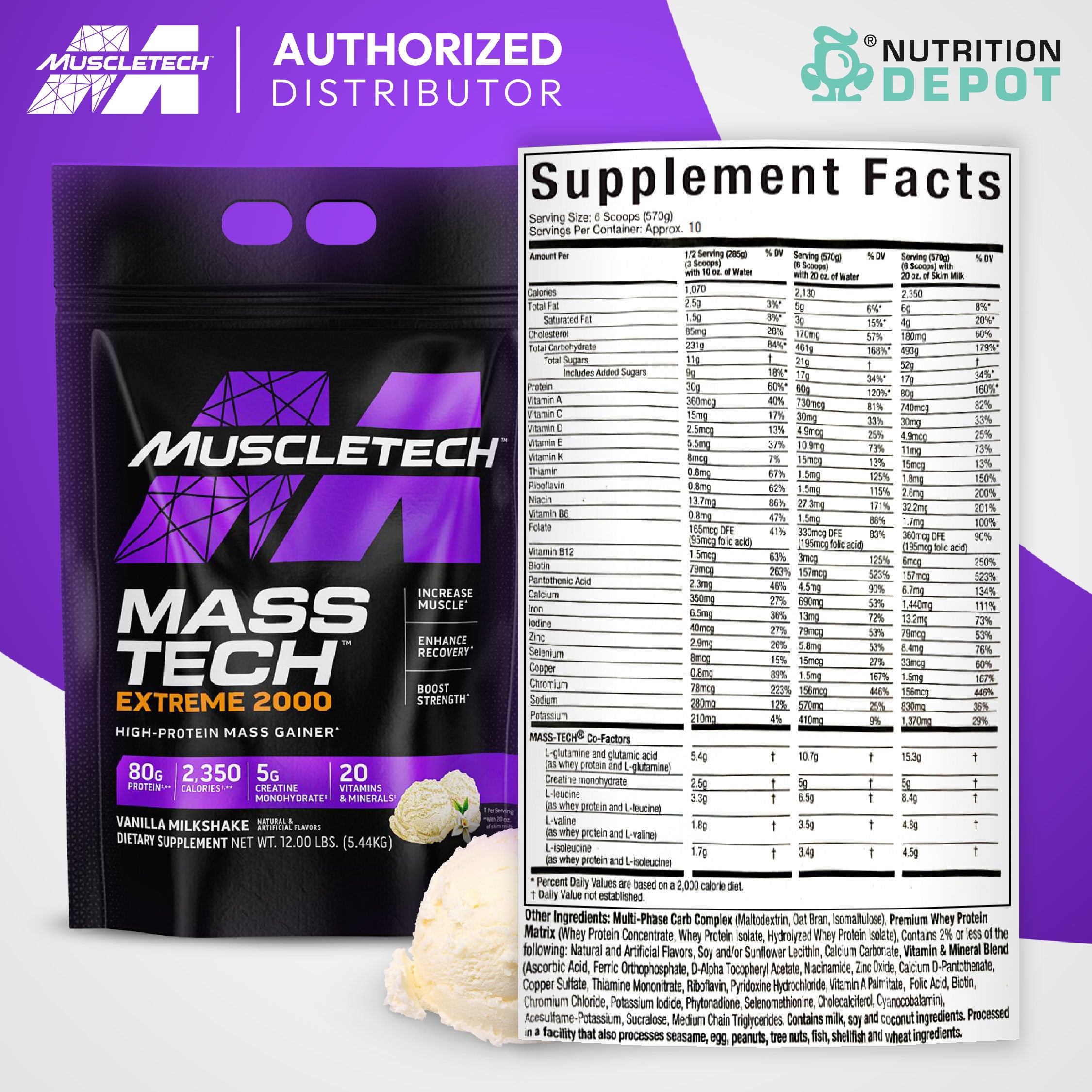 Muscletech Mass Tech Extreme 2000 - Vanilla Milkshake 12lb เวย์โปรตีนเพิ่มน้ำหนัก