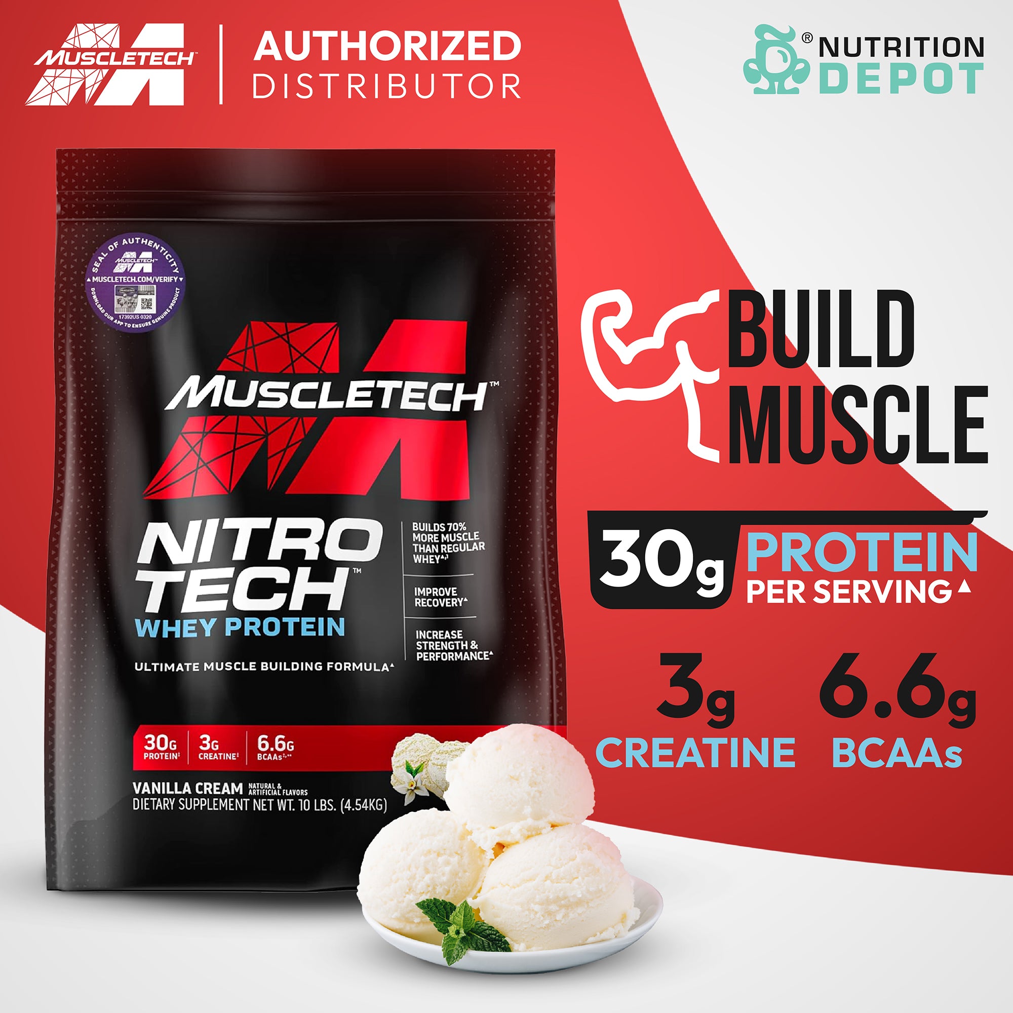 MuscleTech Nitro tech 10 lb - Vanilla เวย์โปรตีนเสริมสร้างกล้ามเนื้อ