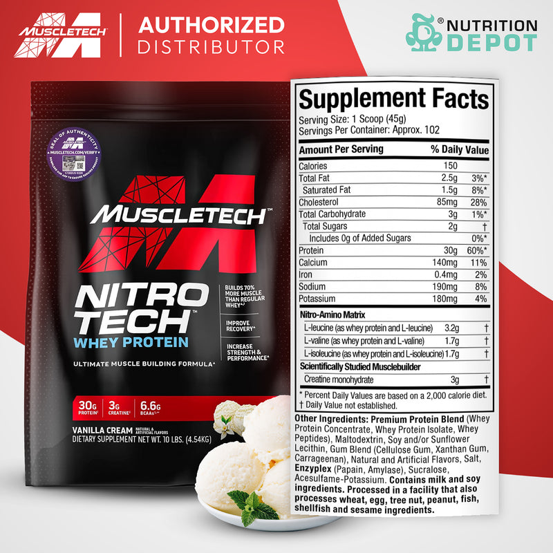 MuscleTech Nitro tech 10 lb - Vanilla เวย์โปรตีนเสริมสร้างกล้ามเนื้อ