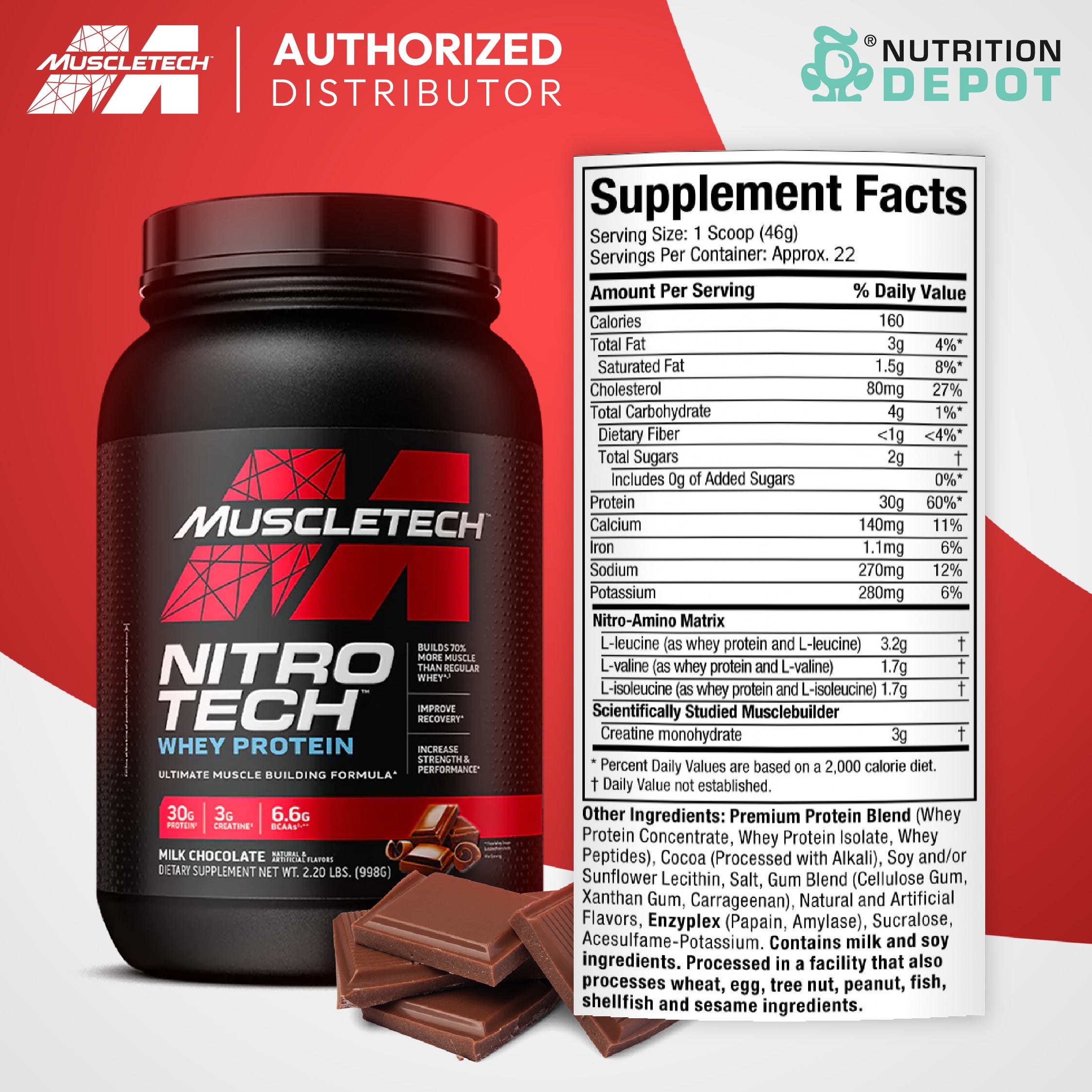 MuscleTech Nitro-tech 2 lb - Milk Chocolate เวย์โปรตีนเสริมสร้างกล้ามเนื้อ