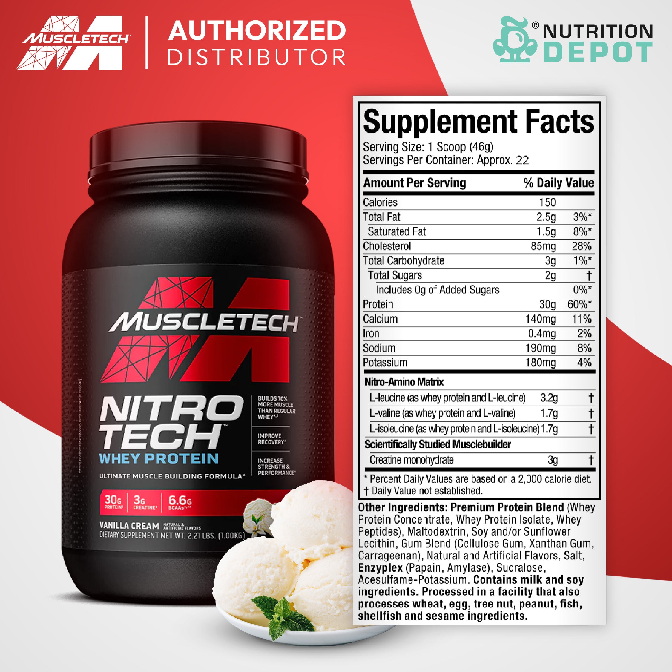 MuscleTech Nitro-tech 2 lb - Vanilla Cream เวย์โปรตีนเสริมสร้างกล้ามเนื้อ