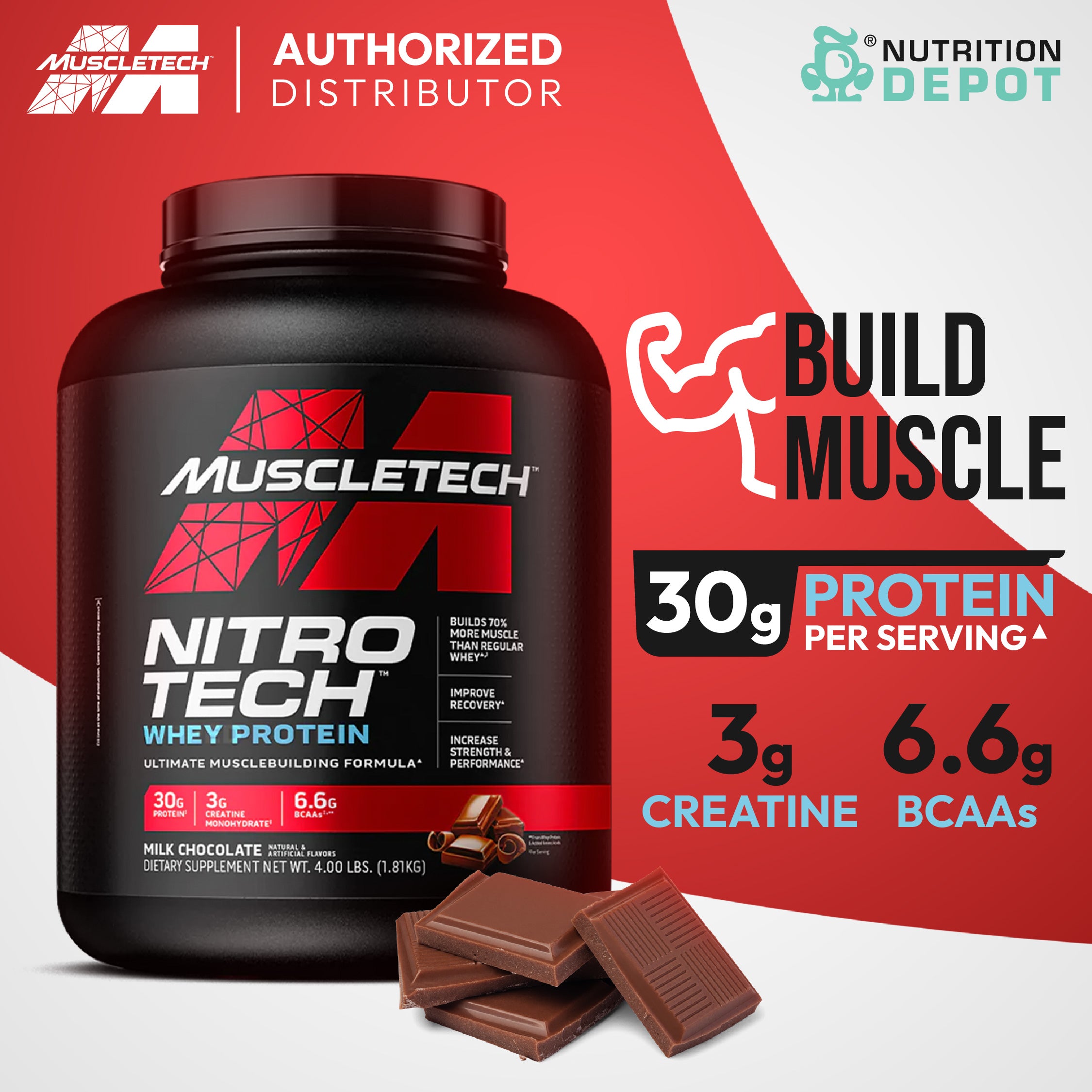 MuscleTech Nitro tech 4 lb - Milk Chocolate เวย์โปรตีนเสริมสร้างกล้ามเนื้อ