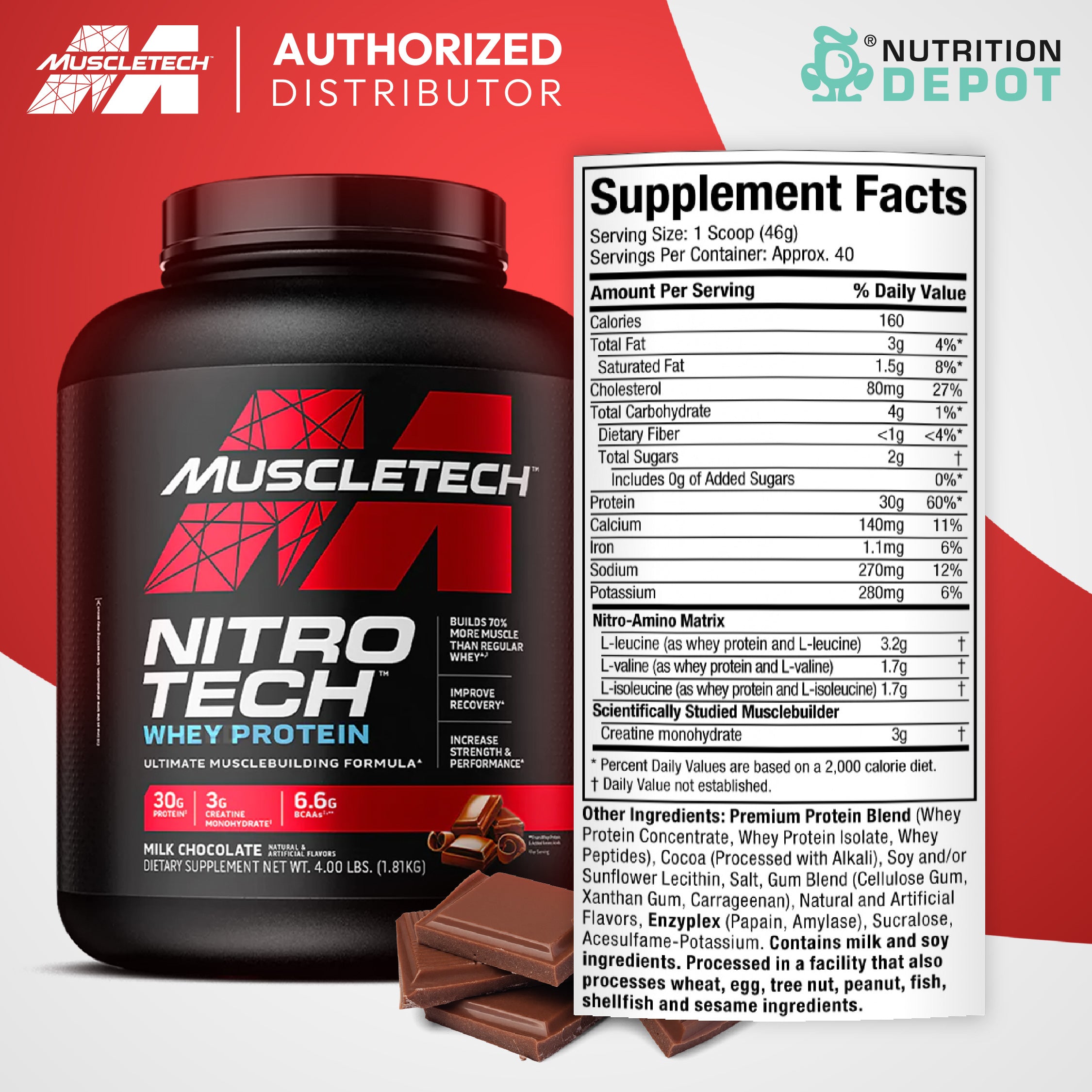 MuscleTech Nitro tech 4 lb - Milk Chocolate เวย์โปรตีนเสริมสร้างกล้ามเนื้อ