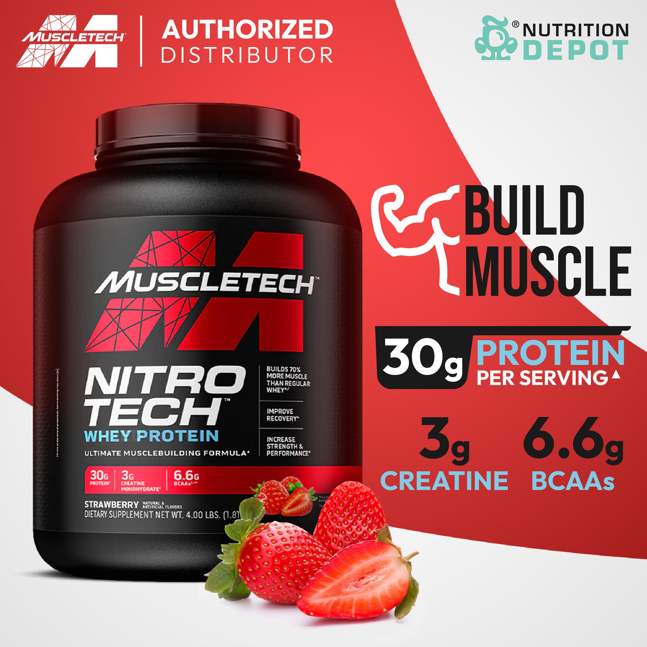 MuscleTech Nitro-Tech 4lb - Strawberry เวย์โปรตีนเสริมสร้างกล้ามเนื้อ