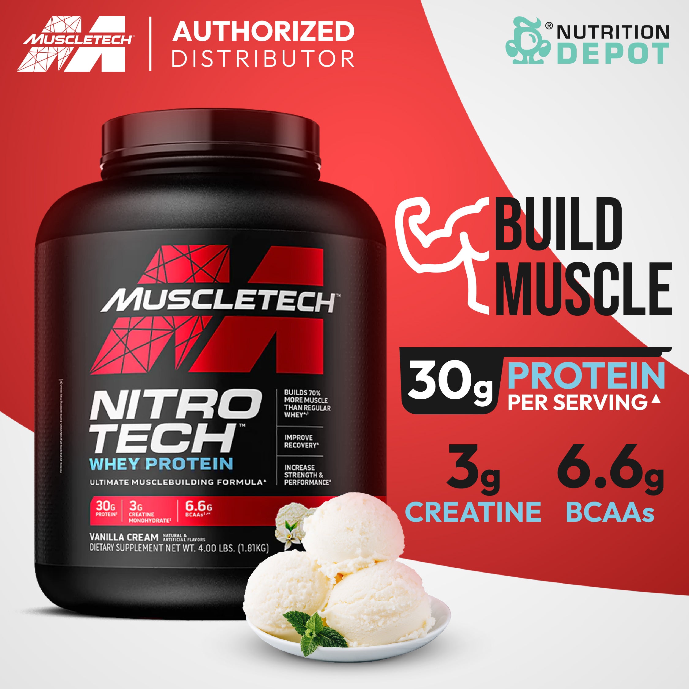 MuscleTech Nitro tech 4 lb - Vanilla เวย์โปรตีนเสริมสร้างกล้ามเนื้อ