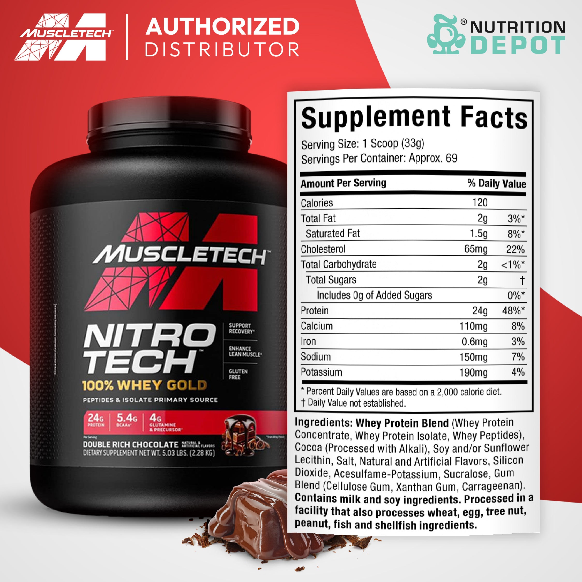 MuscleTech Nitro-Tech 100% Whey Gold Bonus 5 lb - Double Rich Chocolate เวย์โปรตีนเสริมสร้างกล้ามเนื้อ