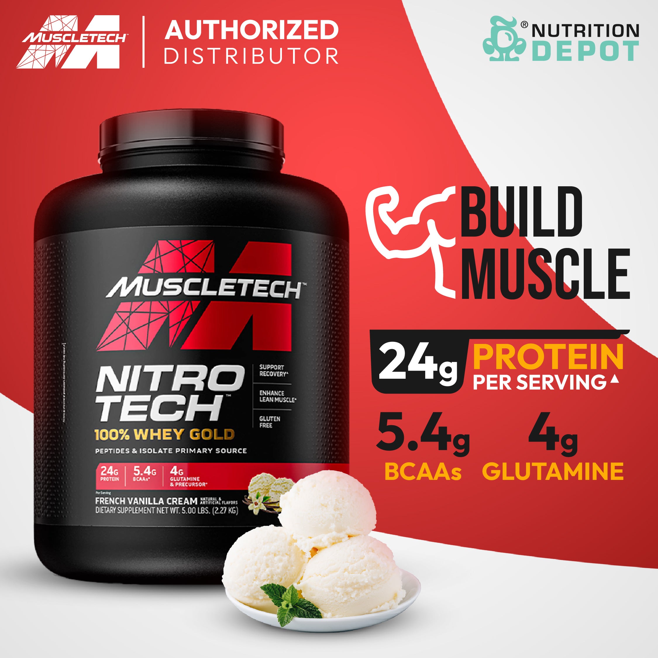 MuscleTech Nitro-Tech 100% Whey Gold Bonus 5 lb - French Vanilla crème เวย์โปรตีนเสริมสร้างกล้ามเนื้อ