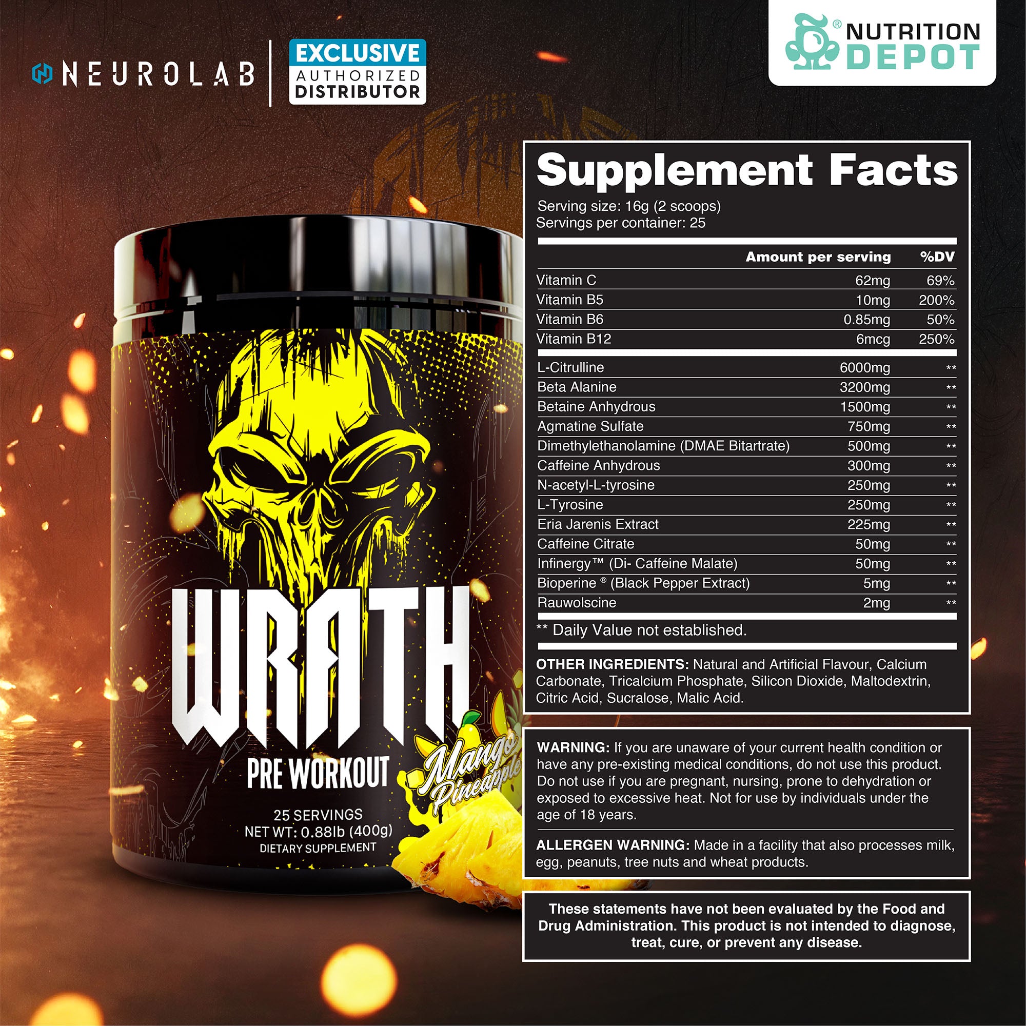 Neurolab WRATH Pre-Workout - Mango Pineapple 25 Servings กรดอะมิโนเพื่มแรงในการออกกำลังกาย