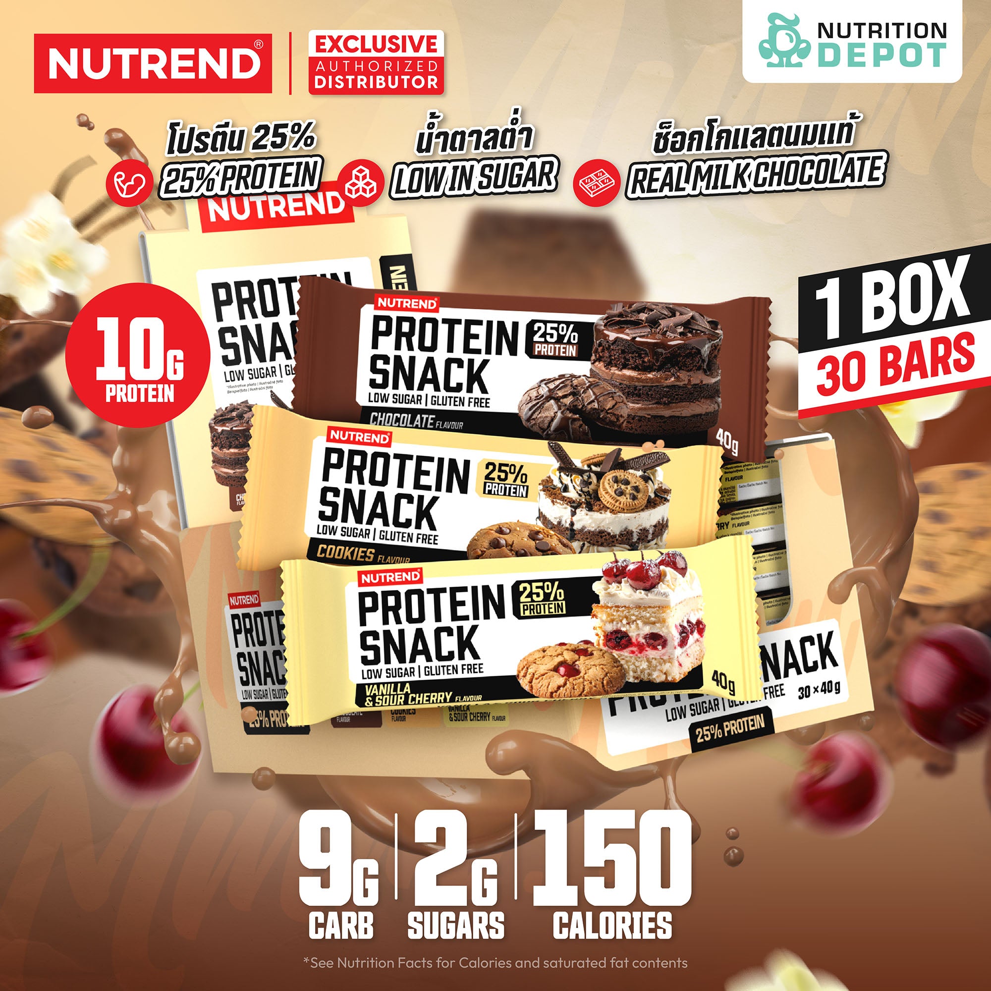 โปรตีนบาร์ Nutrend Protein Snack - Chocolate in Milk Chocolate (1 Box / 30 Bars)
