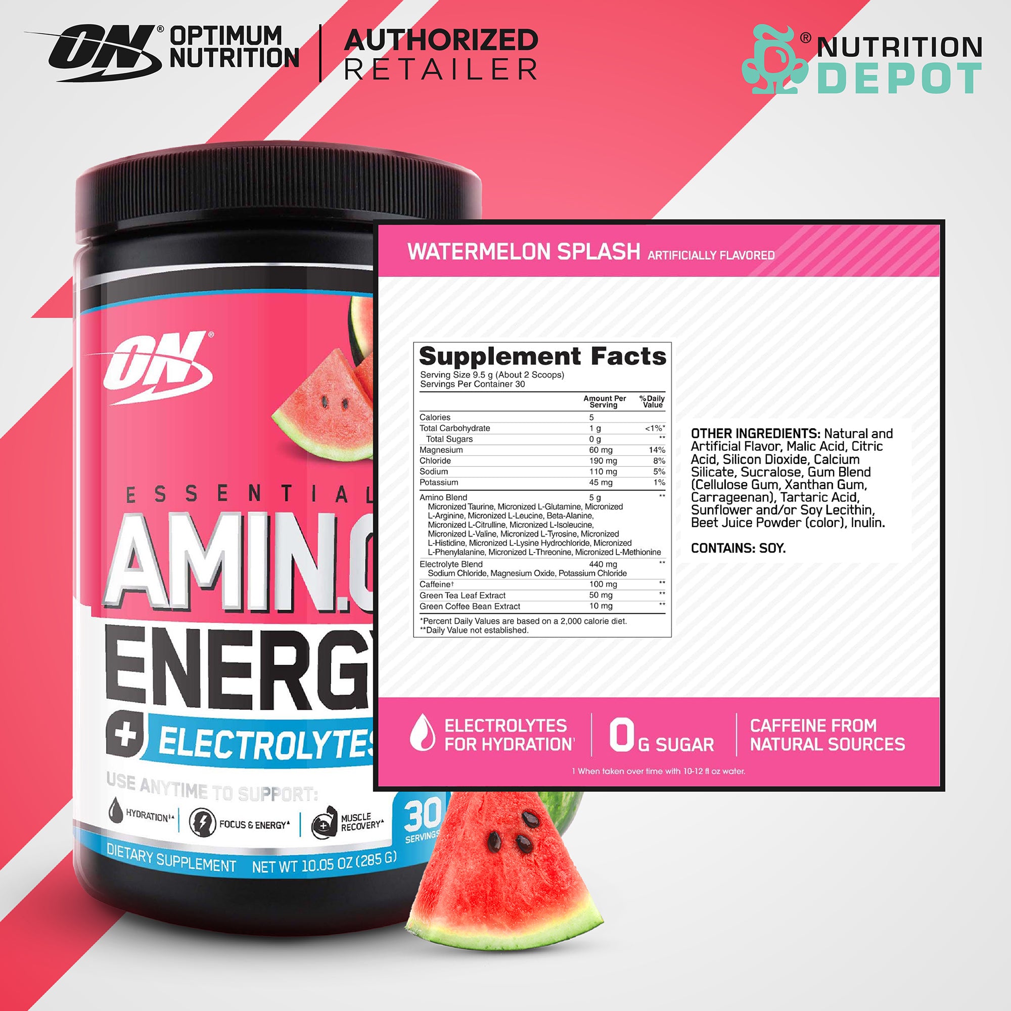 EX09/2024 Optimum Nutrition Amino Energy + Electrolytes 30 Servings - Watermelon