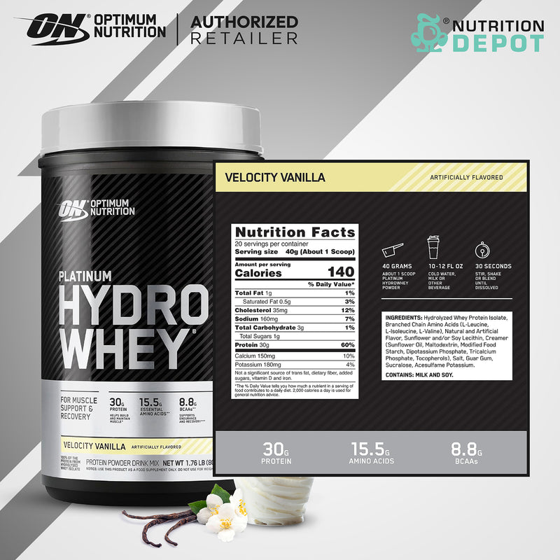 Optimum Nutrition Platinum Hydro Whey 1.75lb - Velocity Vanilla เวย์โปรตีนเพิ่มกล้ามเนื้อ