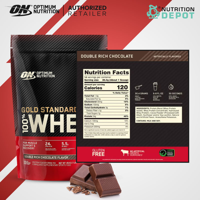 Optimum Nutrition Gold Standard 100% Whey 1lb - Double Rich Chocolate เวย์โปรตีนสร้างกล้ามเนื้อ