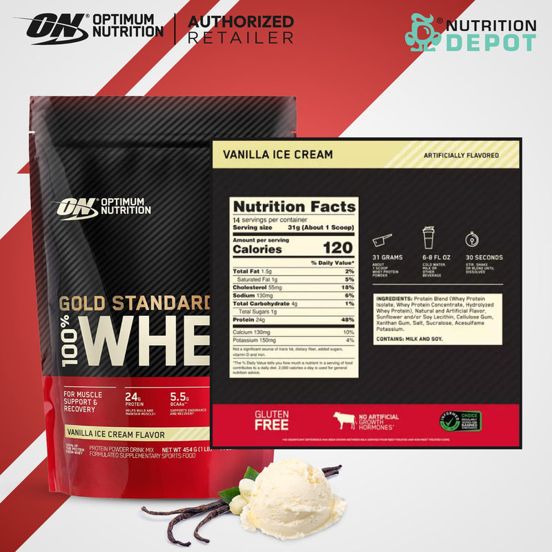 Optimum Nutrition Gold Standard 100% Whey 1 lb - Vanilla Ice Cream เวย์โปรตีนเพิ่มกล้ามเนื้อ