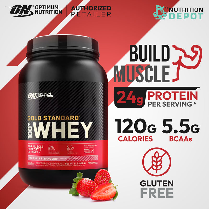Optimum Nutrition Gold Standard 100% Whey 2 lb - Delicious strawberry เวย์โปรตีนเพิ่มกล้ามเนื้อ