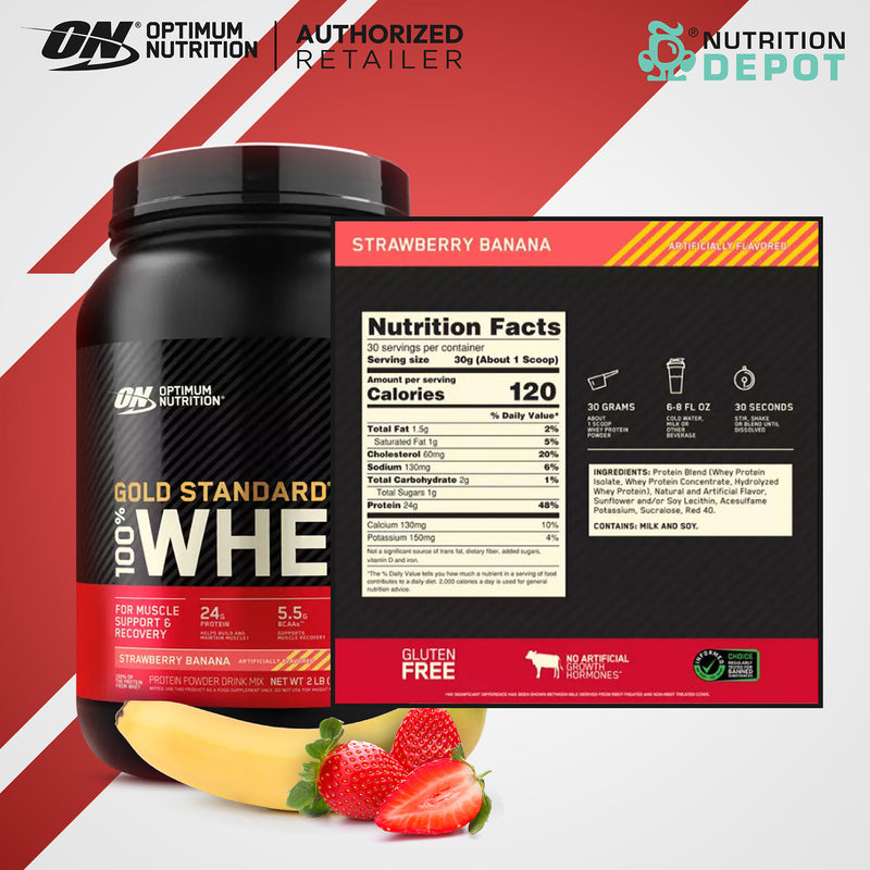 Optimum Nutrition Gold Standard 100% Whey 2lb - Strawberry Banana เวย์โปรตีนเพื่มกล้ามเนื้อ