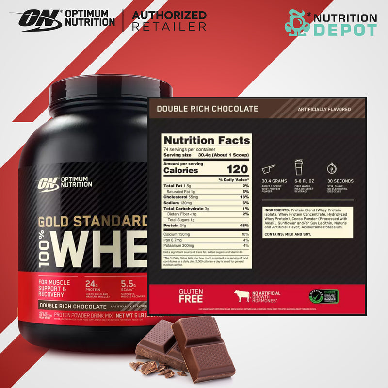 Optimum Nutrition Gold Standard 100% Whey 5 lb - Double Rich Chocolate เวย์โปรตีนเพิ่มกล้ามเนื้อ