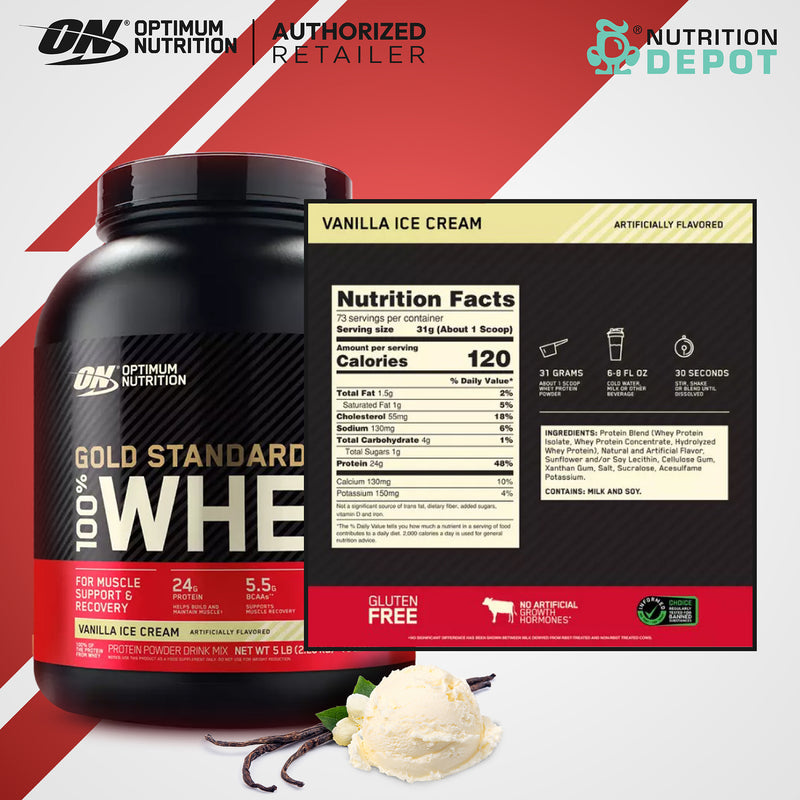 Optimum Nutrition Gold Standard 100% Whey 5 lb - Vanilla Ice Cream เวย์โปรตีนเพิ่มกล้ามเนื้อ