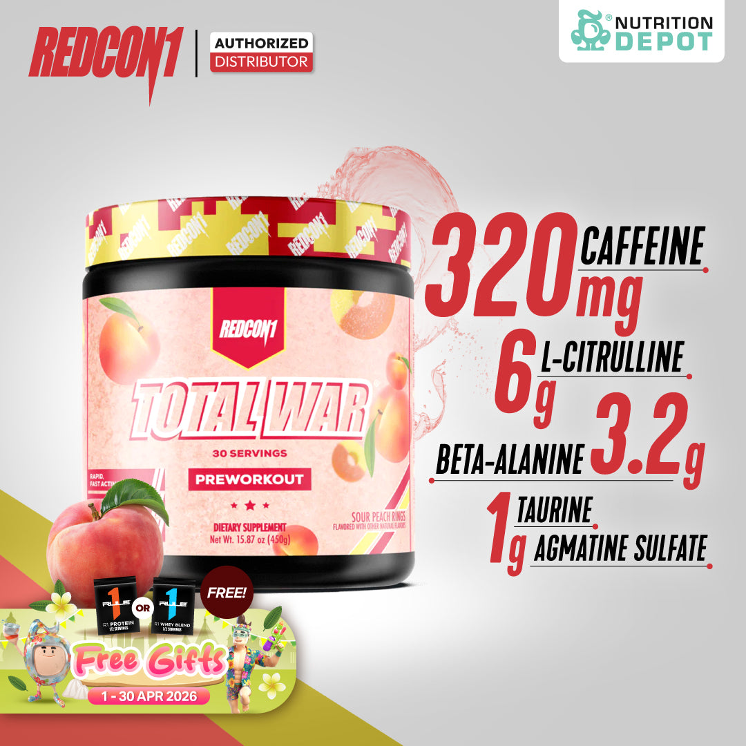 Redcon1 Total War Pre-Workout - Sour Peach Rings 30 Servings กรดอะมิโนเพื่มแรงในการออกกำลังกาย