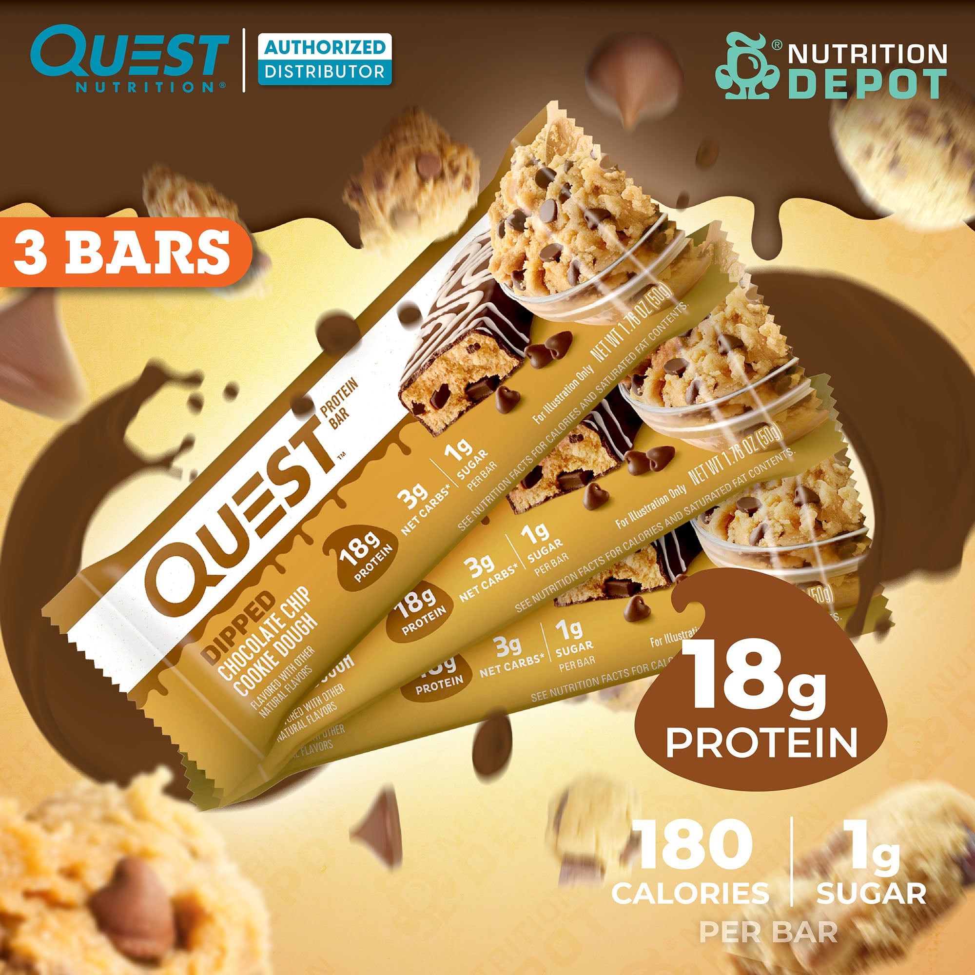 Quest Protein Bar - Dipped Choc Chip Cookie Dough 3 Bars