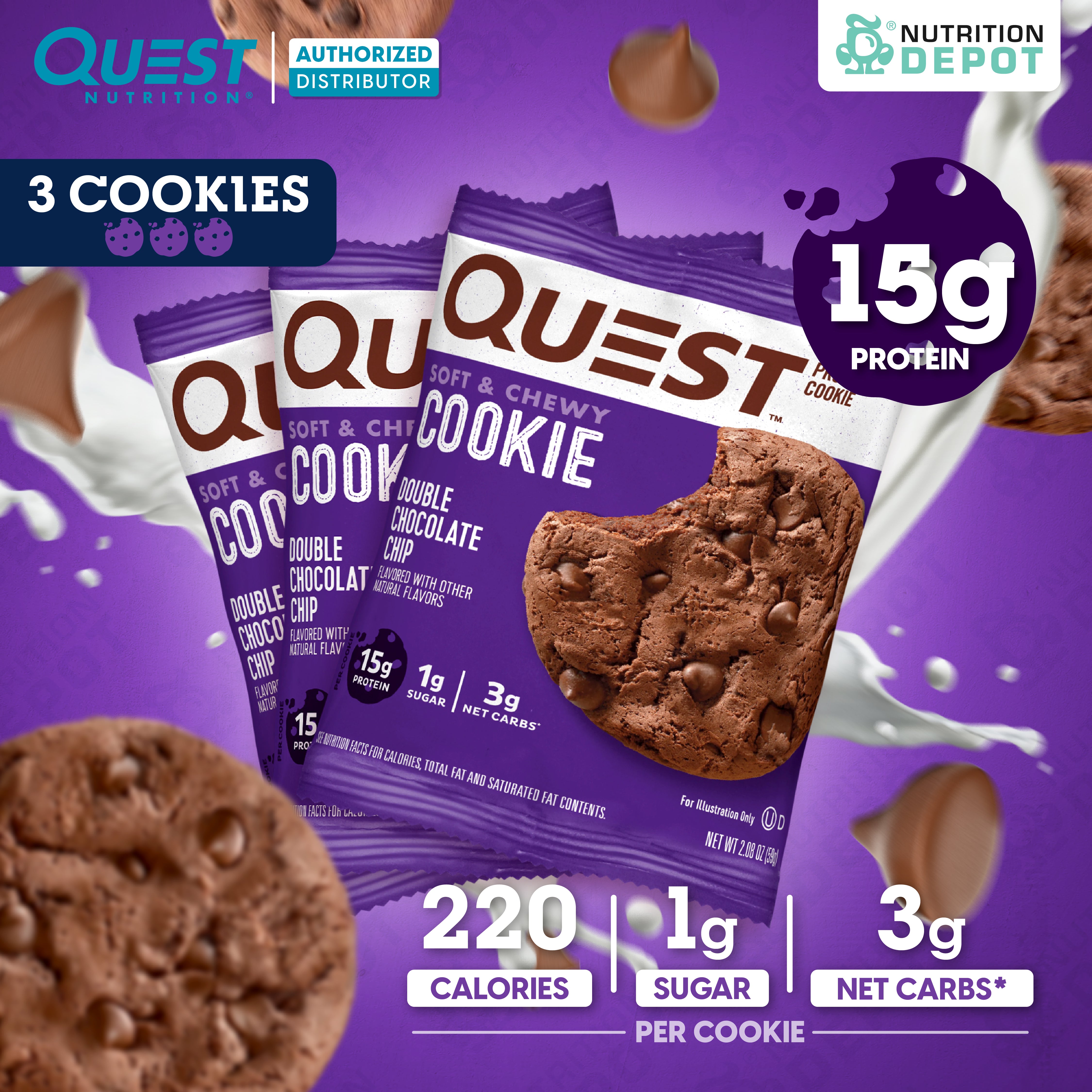 โปรตีนคุกกี้ Quest Protein Cookie Double Chocolate Chip 3 Pieces